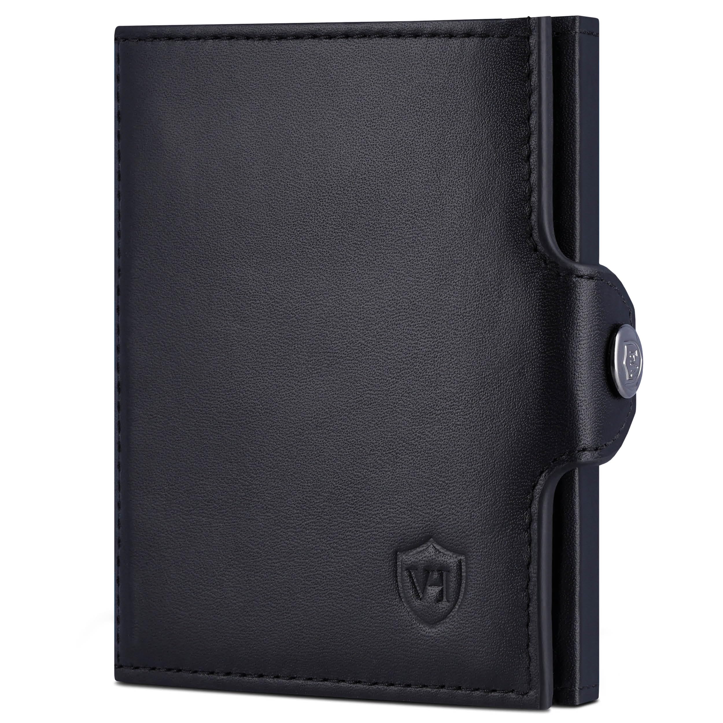 VON HEESEN Slim Wallet mit RFID Schutz - Geldbörse Herren klein - Mini Geldbeutel Damen Portmonee - Kartenetui Echtleder Karten Portemonnaie - Leder Kreditkartenetui (Schwarz Glatt)