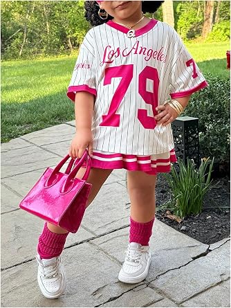 WDIRARA Girl's 2 Piece Jersey Outfits Striped Number V Neck Shirts and Pleated Skirts Sets