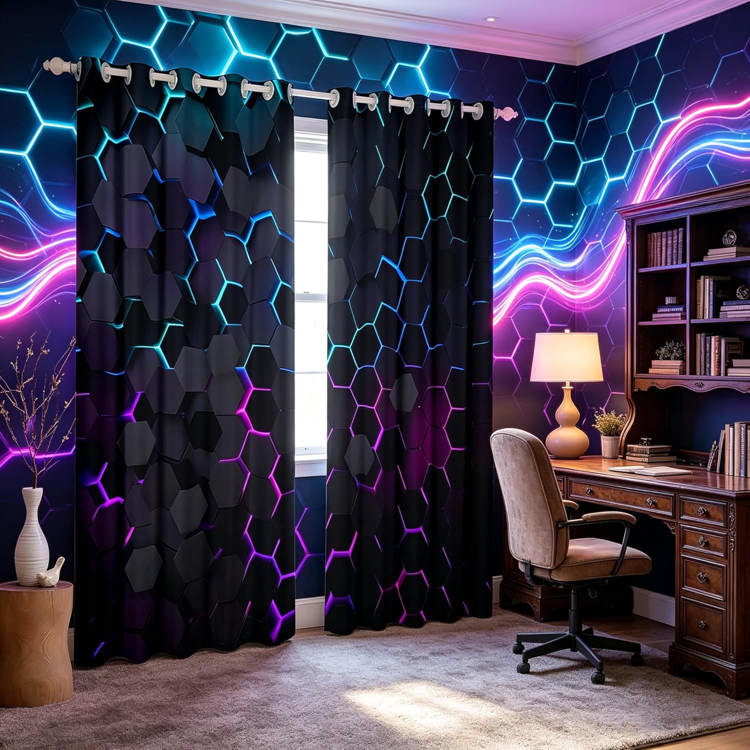 Manfei Honeycomb Blackout Curtains Geometric Hexagon Print Window Treatments Colorful Neon Lights Window Drapes for Kids Boys Room Decor Grommet Top 2 Panel Set Curtains, 84Wx90L inch
