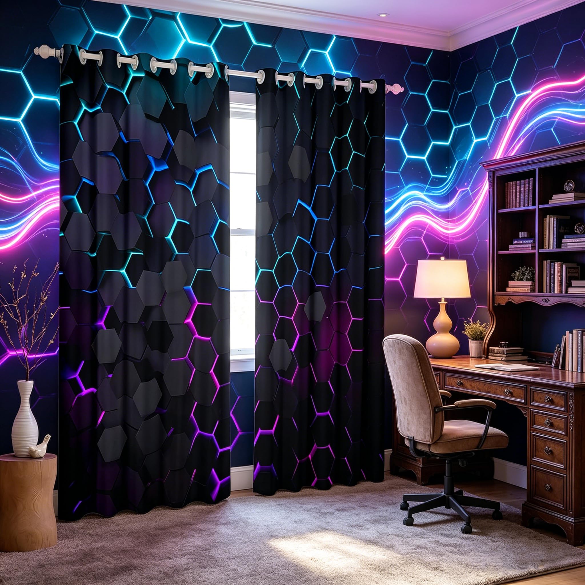 Rideaux de fenêtre en nid d'abeille hexagone néon pour chambre garçon 213x213cm