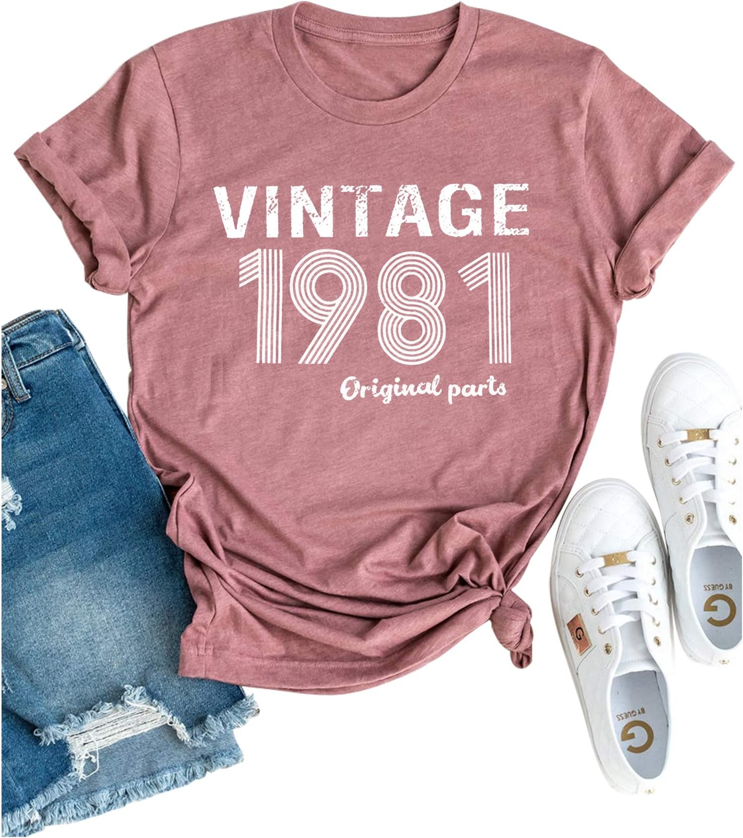 Vintage 1981 T Shirt Women Original Parts Letter Tees 40th Birthday Shirts for Gift Cute Birthday Party Shirt Tops