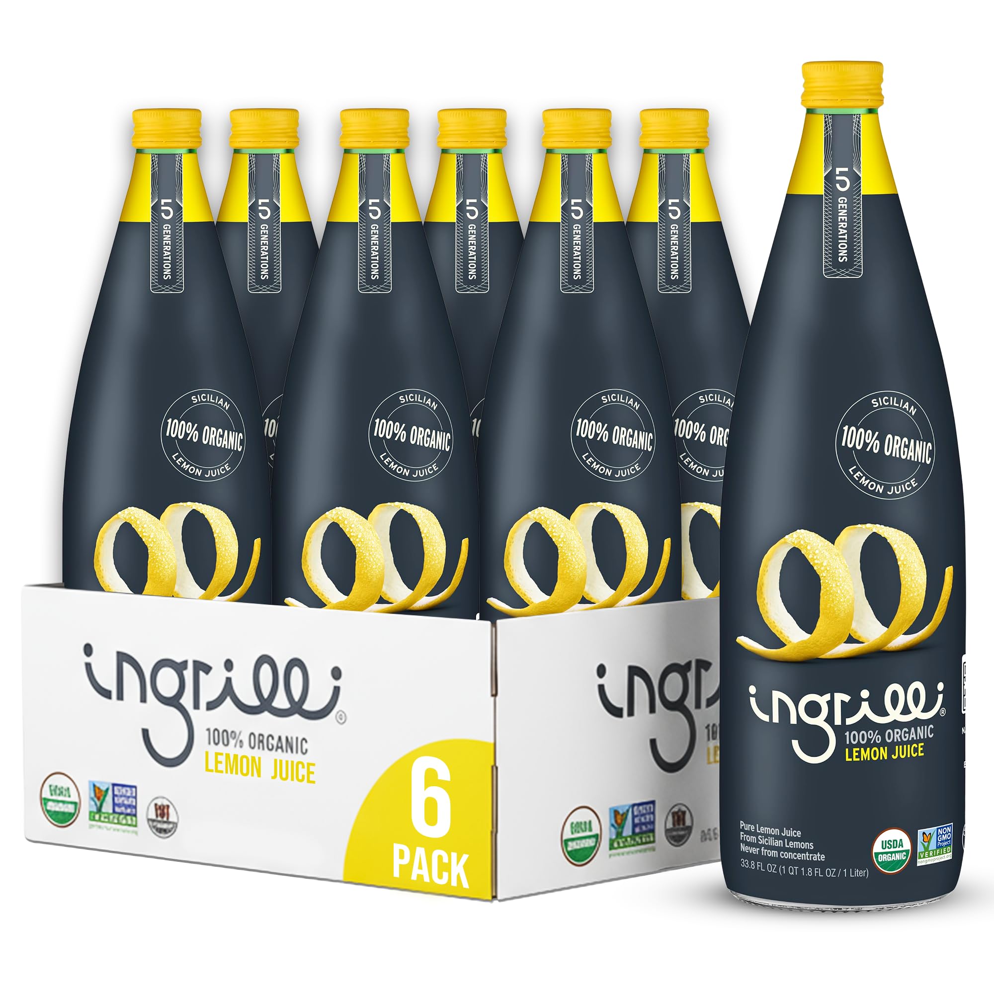 Ingrilli 100% Organic Lemon Juice, 33.8 Fl Oz Glass Bottle (Pack of 6)