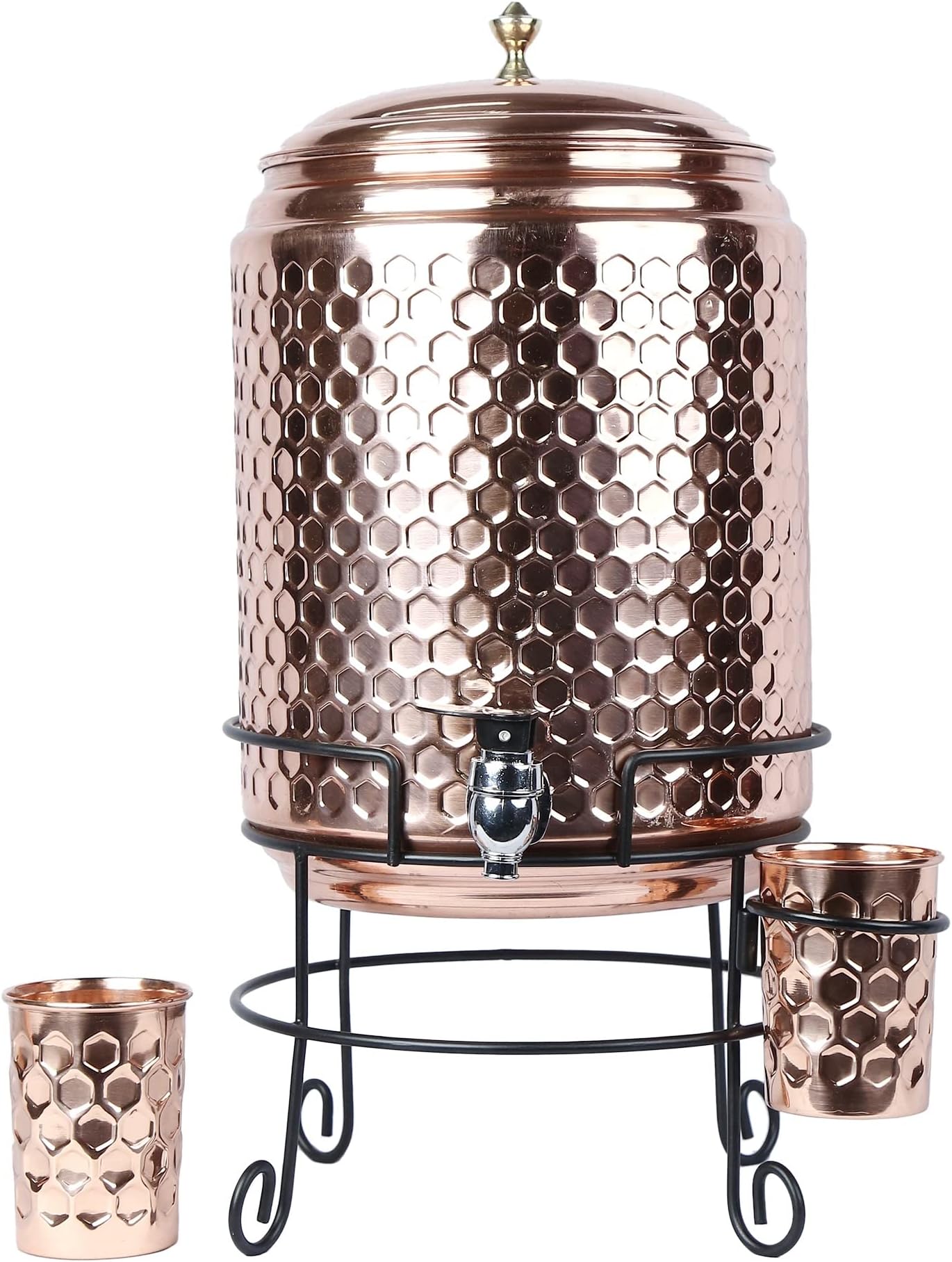 R Ayurveda Copper Handmade Copper Matka Honey Diamond Pure With Stand And Two Glass, 11 Liter, 3-Piece, Clear