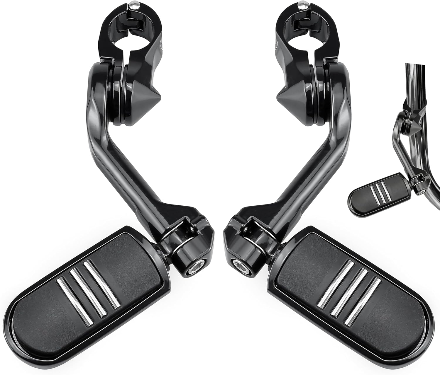 1.25” Adjustable Highway Foot pegs for Harley Davidson Dyna Touring Street Glide Electra Glide Road King Softail CVO Trike VRSC Sportster - Long Angled Crash Pegs w/1-1/4 Engine Guard (black)