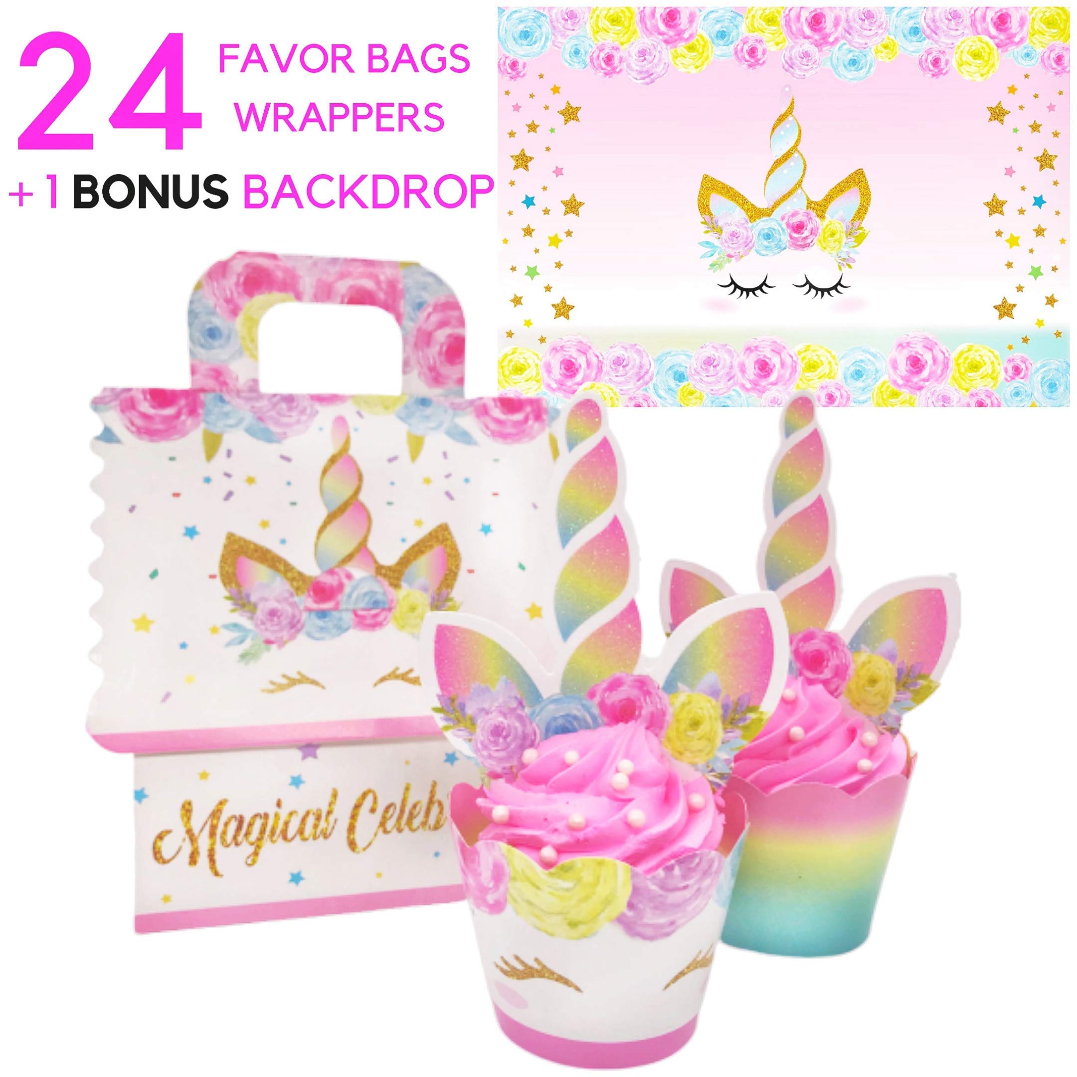 Buy Unicorn Backdrop, Unicorn Cupcake Toppers Wrappers (REAL Glitter