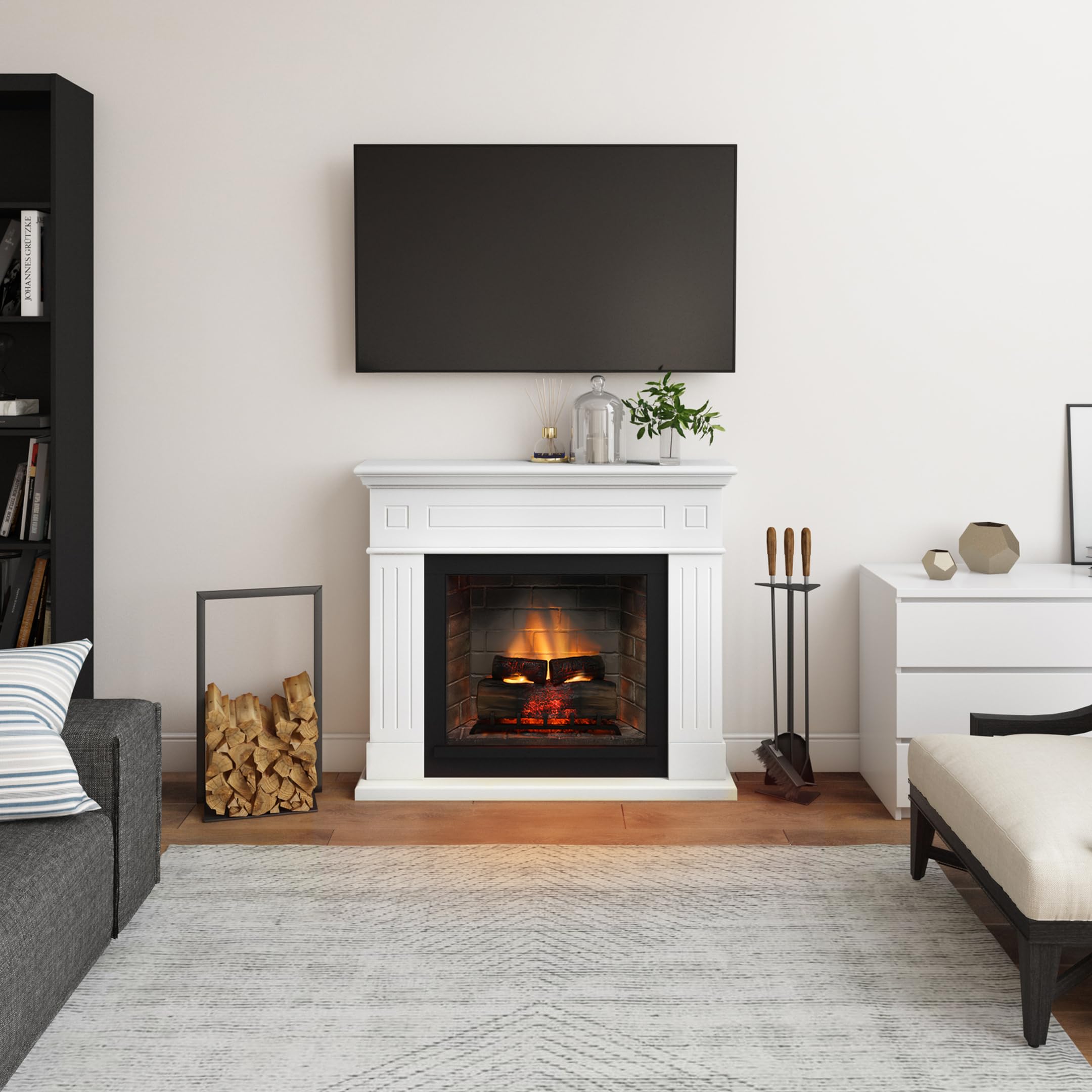 TAGU Larsen Camino Elettrico con PowerFlame 2, Riscaldatore e Termostato, Suono Crepitante, Wi-Fi e Luce Ambientale (Bianco Puro)