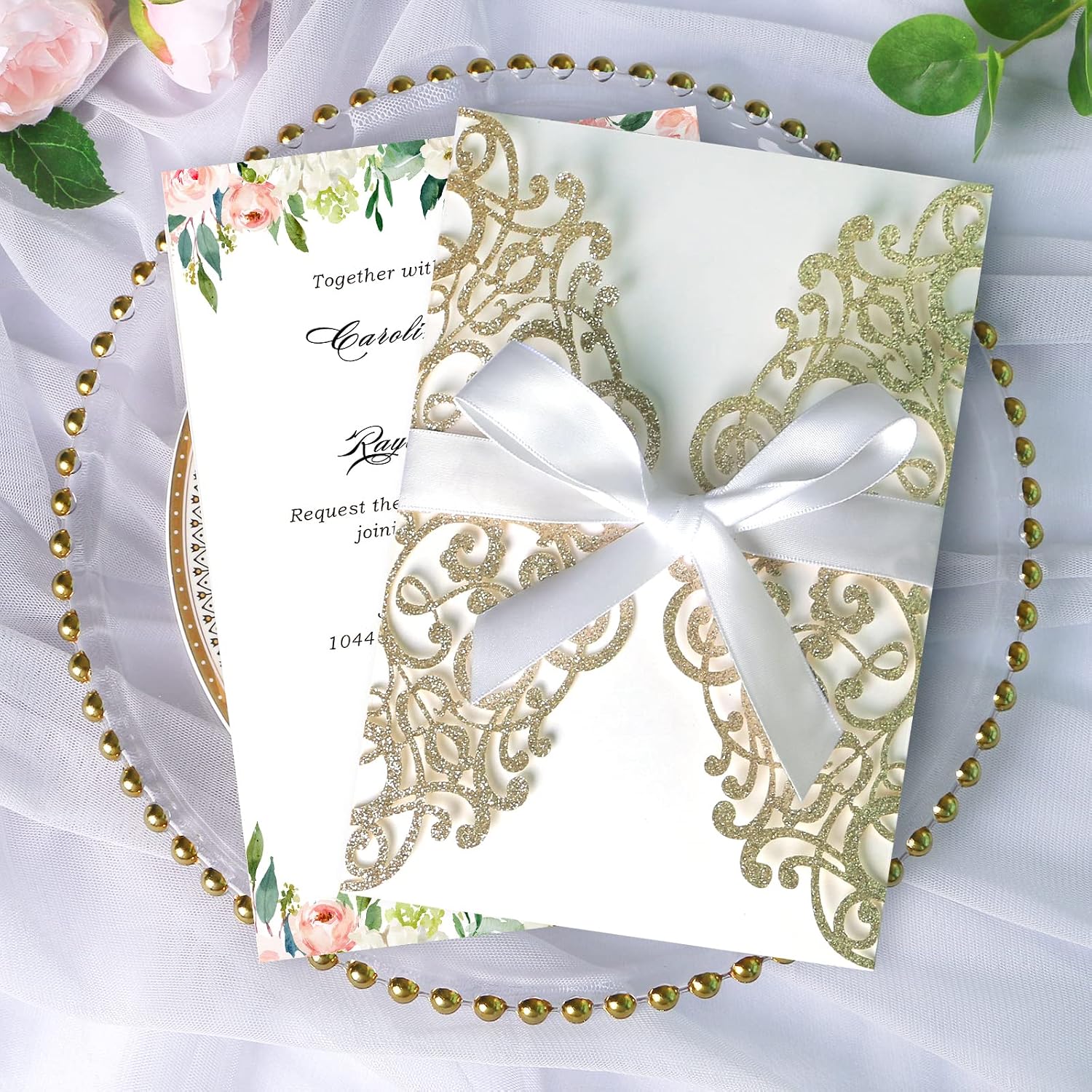 ponatia 25PCS 5.12 x 7.1 '' Champagne Glitter Laser Cut Wedding Invitations Cards with Envelopes for 5x7 Invitation Cards Wedding Baby Bridal Shower Engagement Sweet 16 Birthday Invite