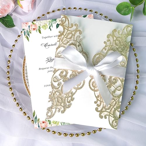 Miniatura 5 de Ponatia - 25 tarjetas de invitación cortadas con láser de 5.12 x 7.1 pulgadas con sobres para bodas, fiestas de compromiso, cumpleaños, Champán