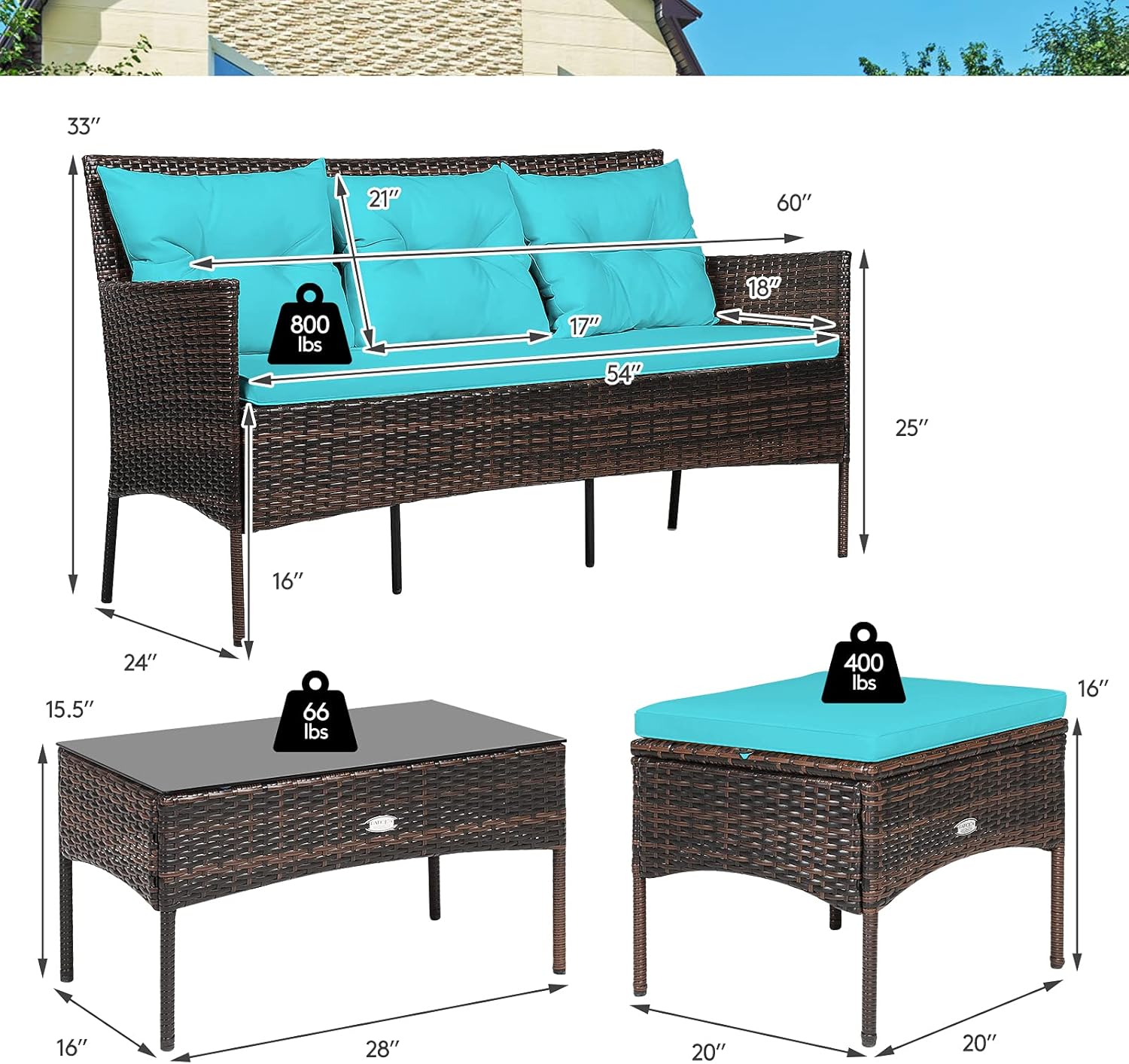 HAPPYGRILL 3 Piece Outdoor Rattan Conversation Set Patio Furniture Set with Tempered Glass Coffee Table, 5 Elastic Seat & Back Cushions, Sectional Sofa Set for Poolside Balcony Backyard