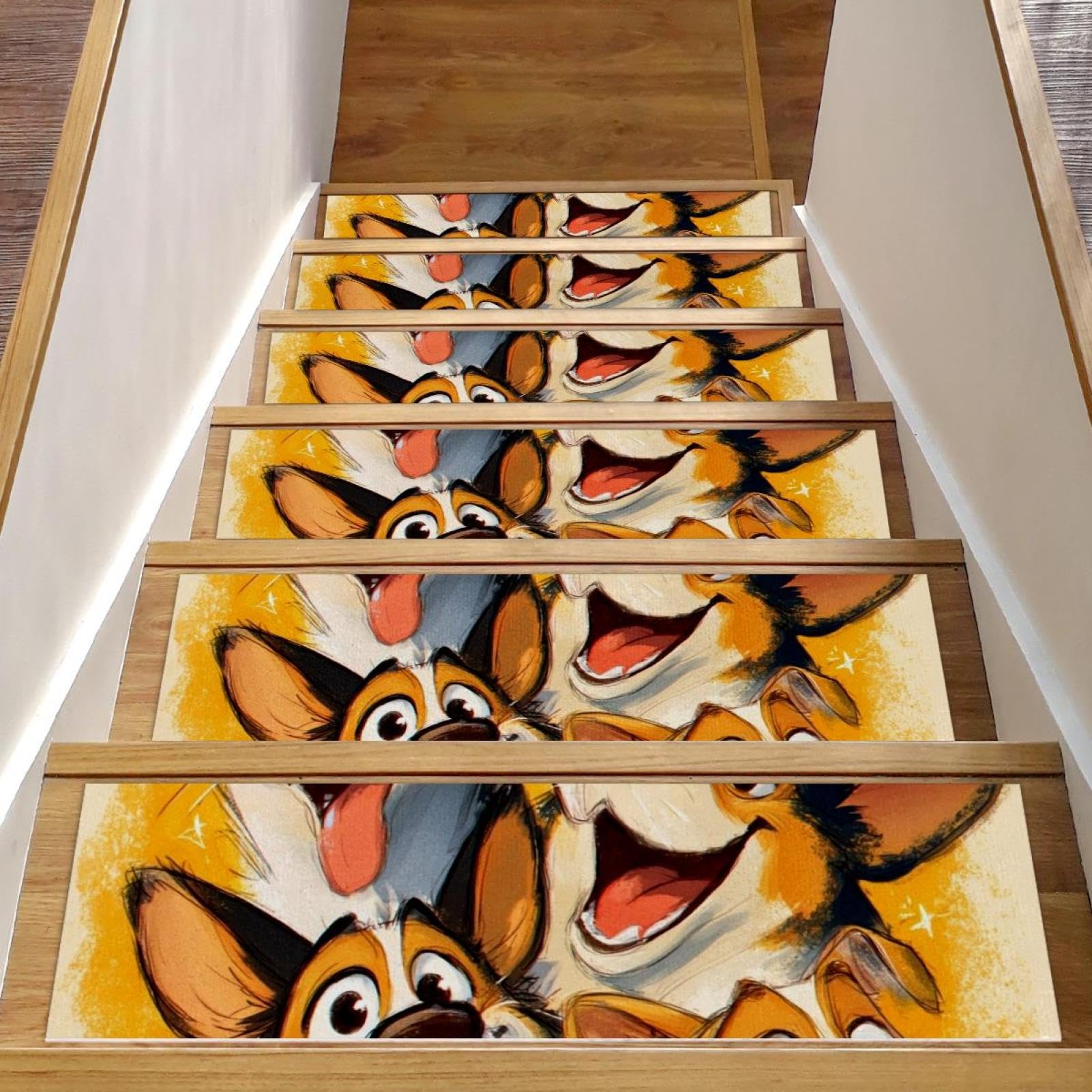 CHENZZZZ Cartoon Corgis Stars Carpet Stair Treads Non Slip 15PCS, 8" X 30" Stair Runner for Wooden Steps Indoor, Resistant Stair Rug with Reusable, Residue Free Mat for Elders, Pets