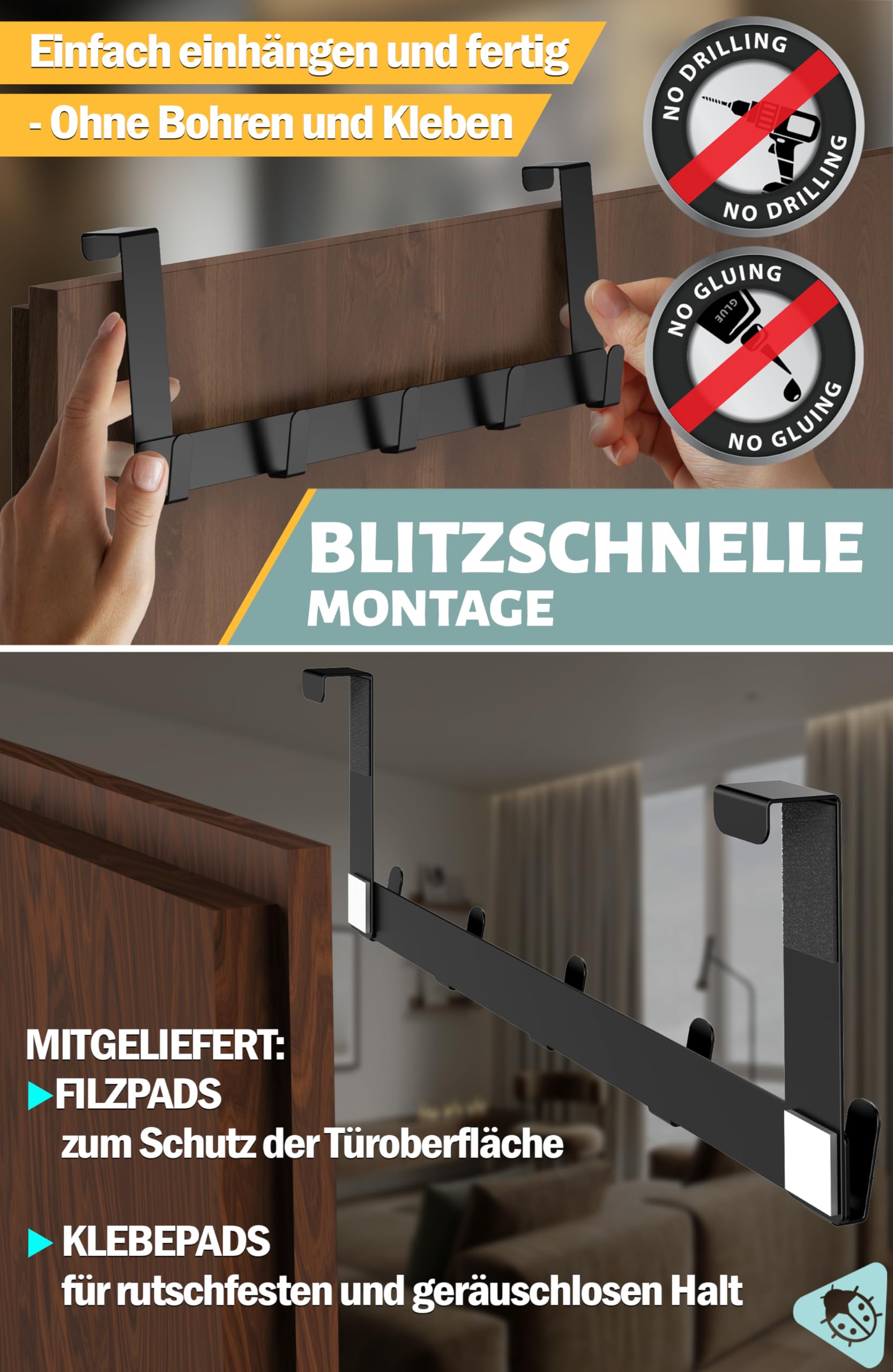 Appendiabiti Da Porta Con 5 Ganci - Nero, Resistente Fino A 30 Kg, Per Vestiti, Asciugamani, Borse - Foto 2