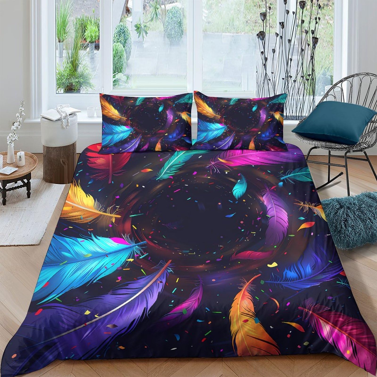 Ctjqhvkz Style-8 3D Printed Colorful Feather Fitted Sheet Microfiber Soft Anti-Slip Cosmic Nebula Bed Cover For Bedroom Guest Room Dorm Decor Single（135X200cm）