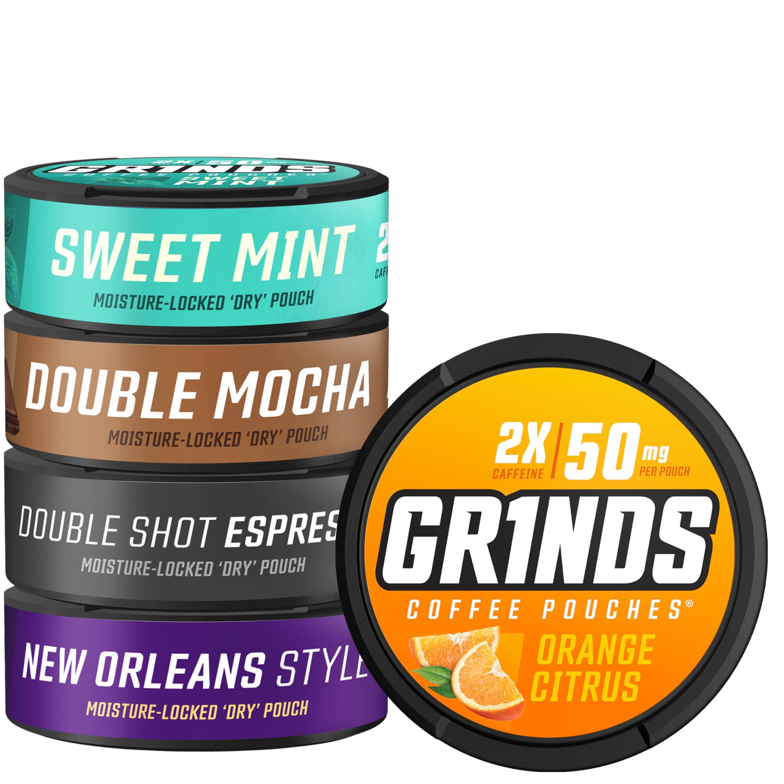 GRINDS Coffee Pouches | Ultimate Energy 5 Pack | 2X Caffeine | Double Mocha, Sweet Mint, Double Shot Espres, New Orleans, Orange Citrus | Tobacco & Nicotine Free | 1 Pouch eq. 1/2 Cup