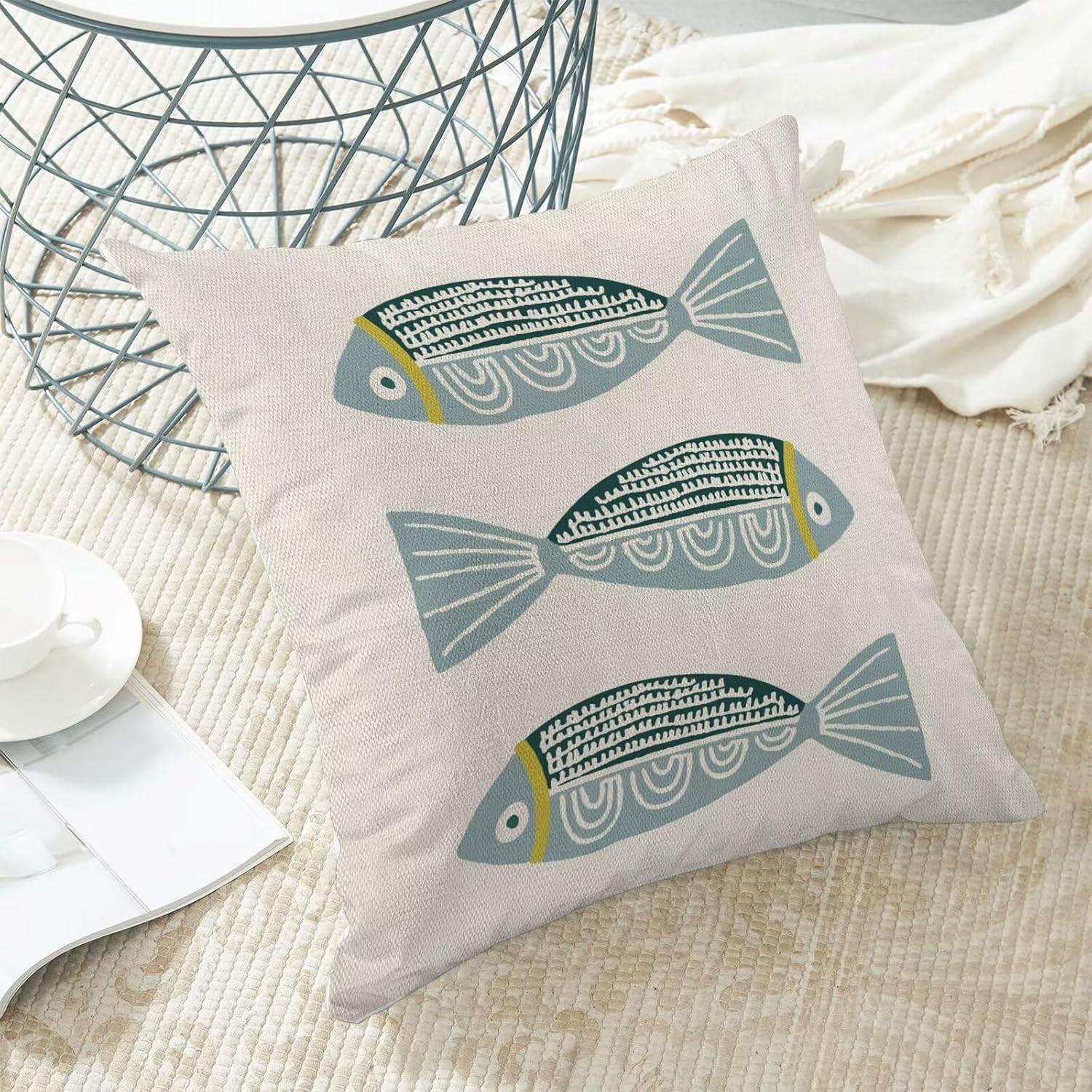 AEIOAE Coastal Pillow Covers 18 x 18 Inch Set of 2, Ocean Beach Blue Fish Print Decorative Throw Pillow Covers Linen Farmhouse Summer Natical Outdoor Pillowcase for Couch Home Sofa Decor - Image 5