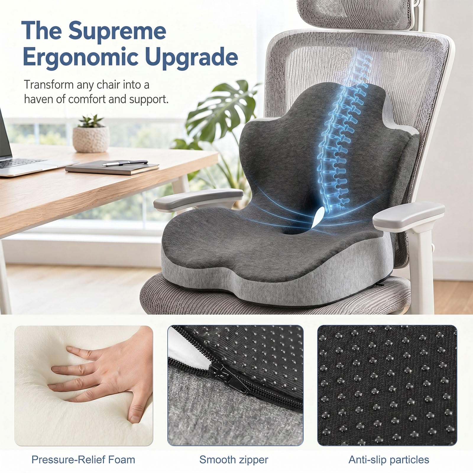 Cuscino per sedile in memory foam, cuscino 2 in 1 per sedile e supporto lombare, cuscino ergonomico per auto, cuscino per il coccige, per dolore al coccige, per ufficio, casa, sedia a rotelle