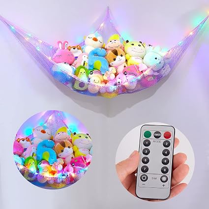 Basumee Stuffed Animal Hammock With LED Lights - 2 Pack Corner Toy Storage Net With Remote Control
