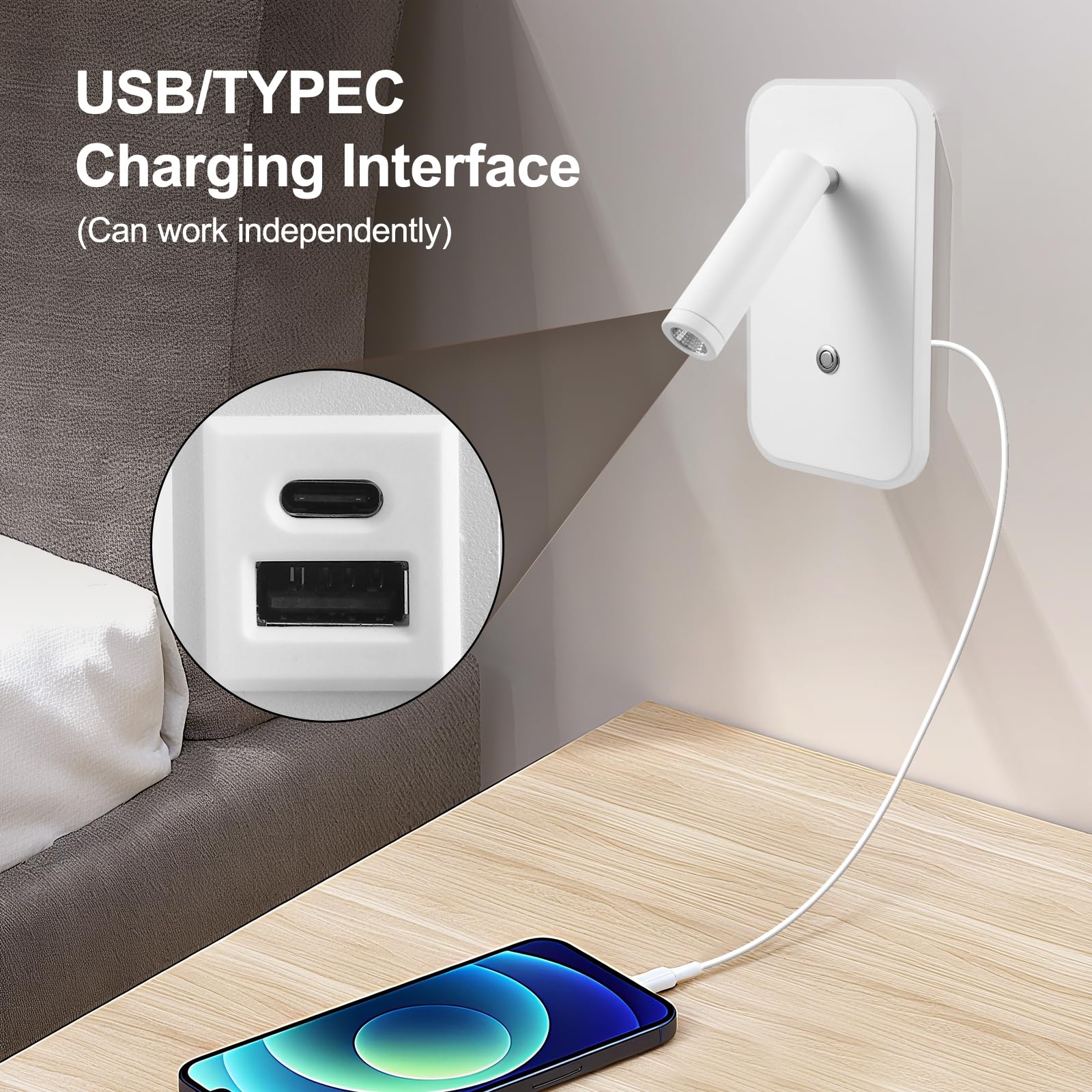 lampara cabecero cama 3W+9W 3000K, luz de lectura pared con Interruptor de Atenuación Continua y Puerto de carga USB, aplique mesa de cabecera Lámpara de Noche para Dormitorio Hotel(Blanco, 2 piezas)
