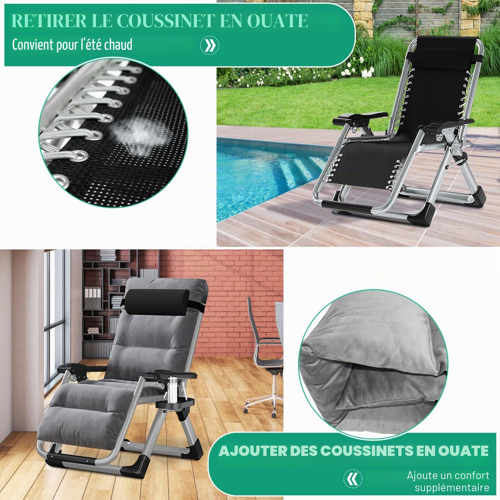 Chaise longue pliable pour le soleil, chaise de terrasse, avec capacité de charge de 200 kg, chaise à gravité zéro avec support de coussin, porte-gobelets, chaise longue de jardin extra-large