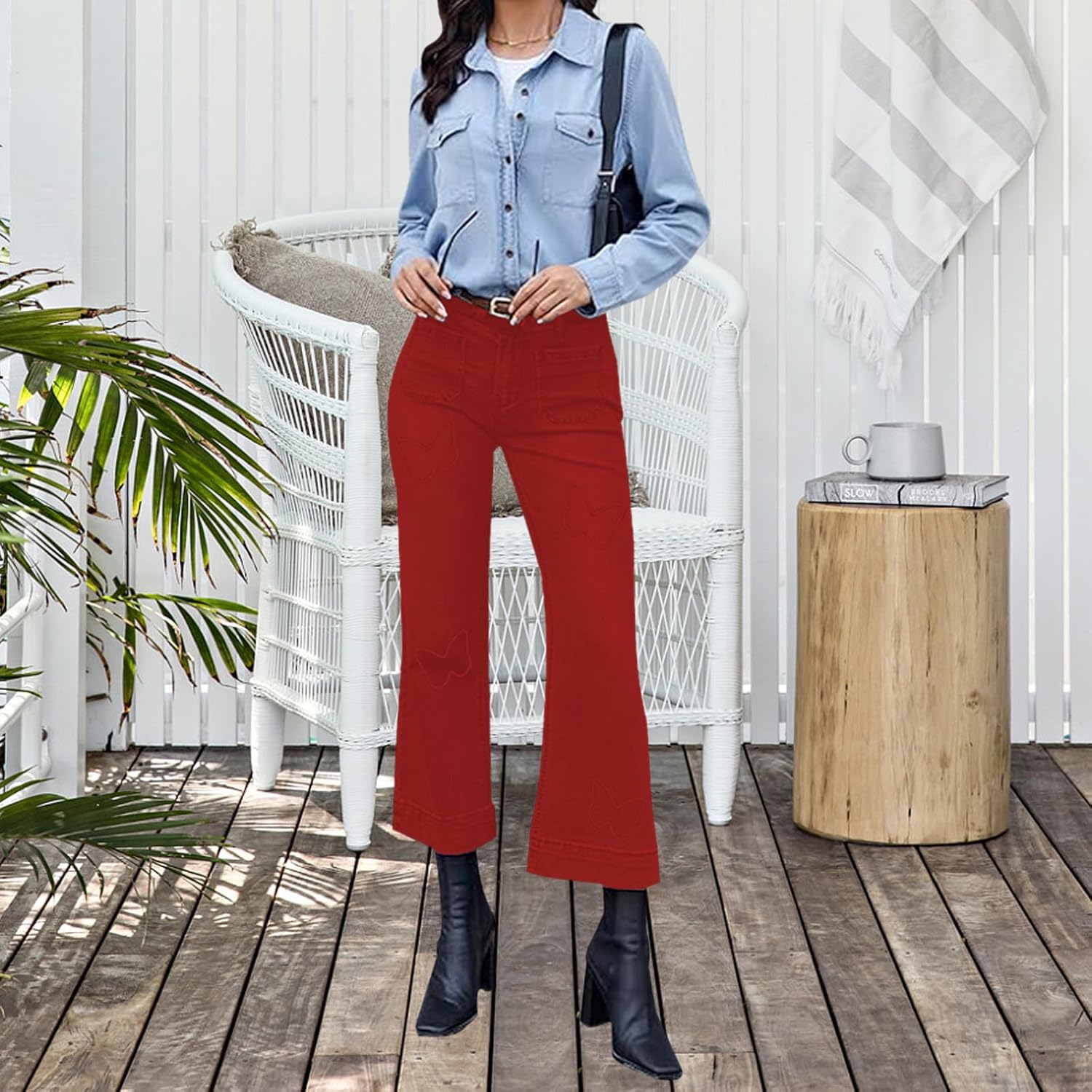 Women's Cropped Wide Leg Jeans Butterfly Elastic High Waisted Baggy Flared Jeans Trendy Stretchy Denim Pants - Image 8