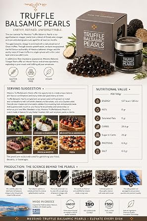 Messino Truffle Balsamic Pearls 50ml | Greek Aged Balsamic Vinegar with Natural Truffle Aroma | Gourmet Salad & Meat Dressing, Pasta & Vegetable Enhancer