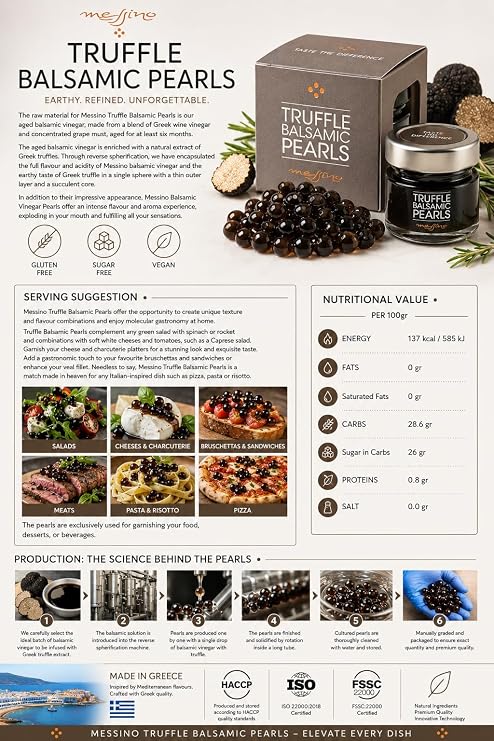 Messino Truffle Balsamic Pearls 50ml | Greek Aged Balsamic Vinegar with Natural Truffle Aroma | Gourmet Salad & Meat Dressing, Pasta & Vegetable Enhancer