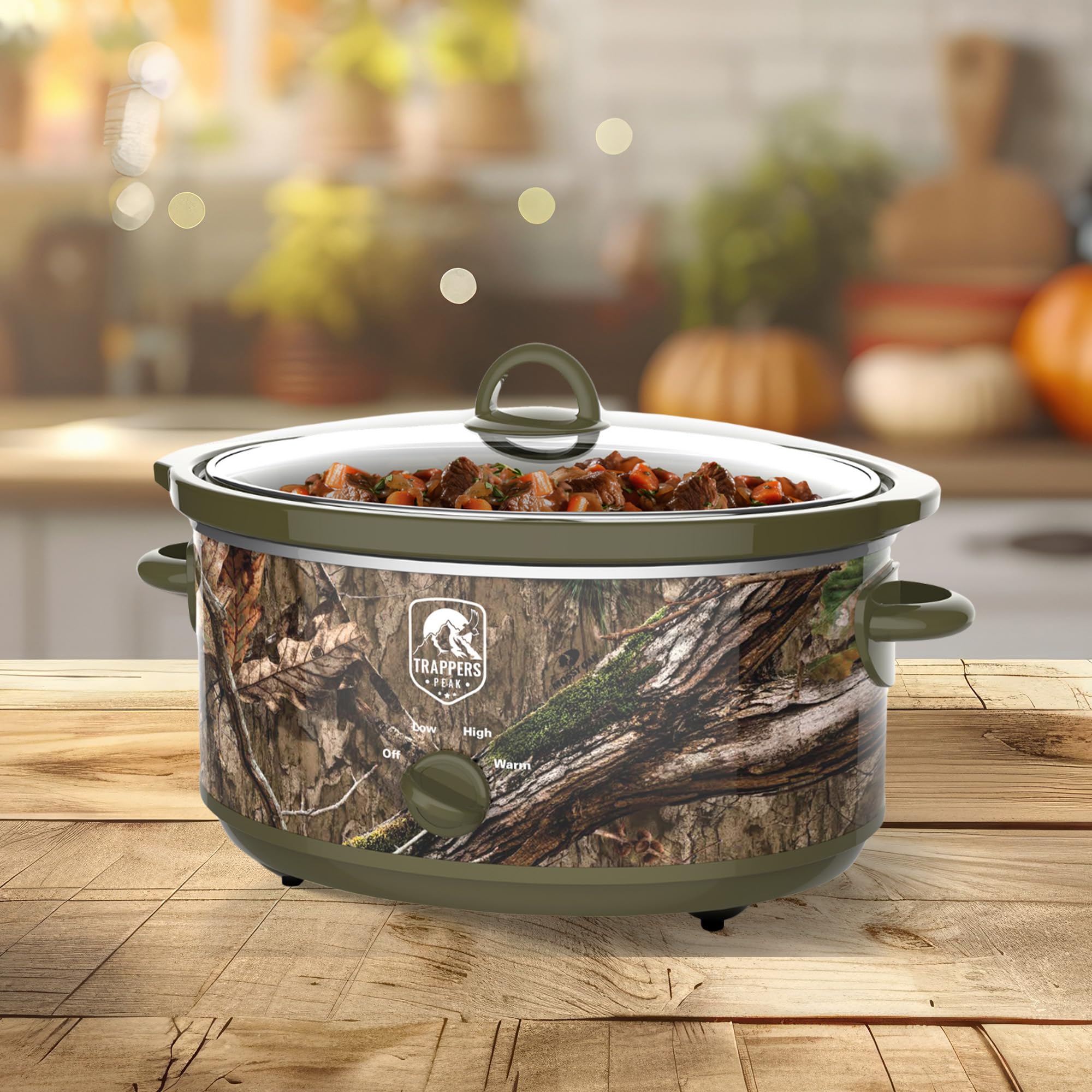Trapper's Peak Olla ovalada de 7 cuartos de galón con ajustes de calor para electrodomésticos de cocina, uso en encimera y cocina, color verde camuflaje