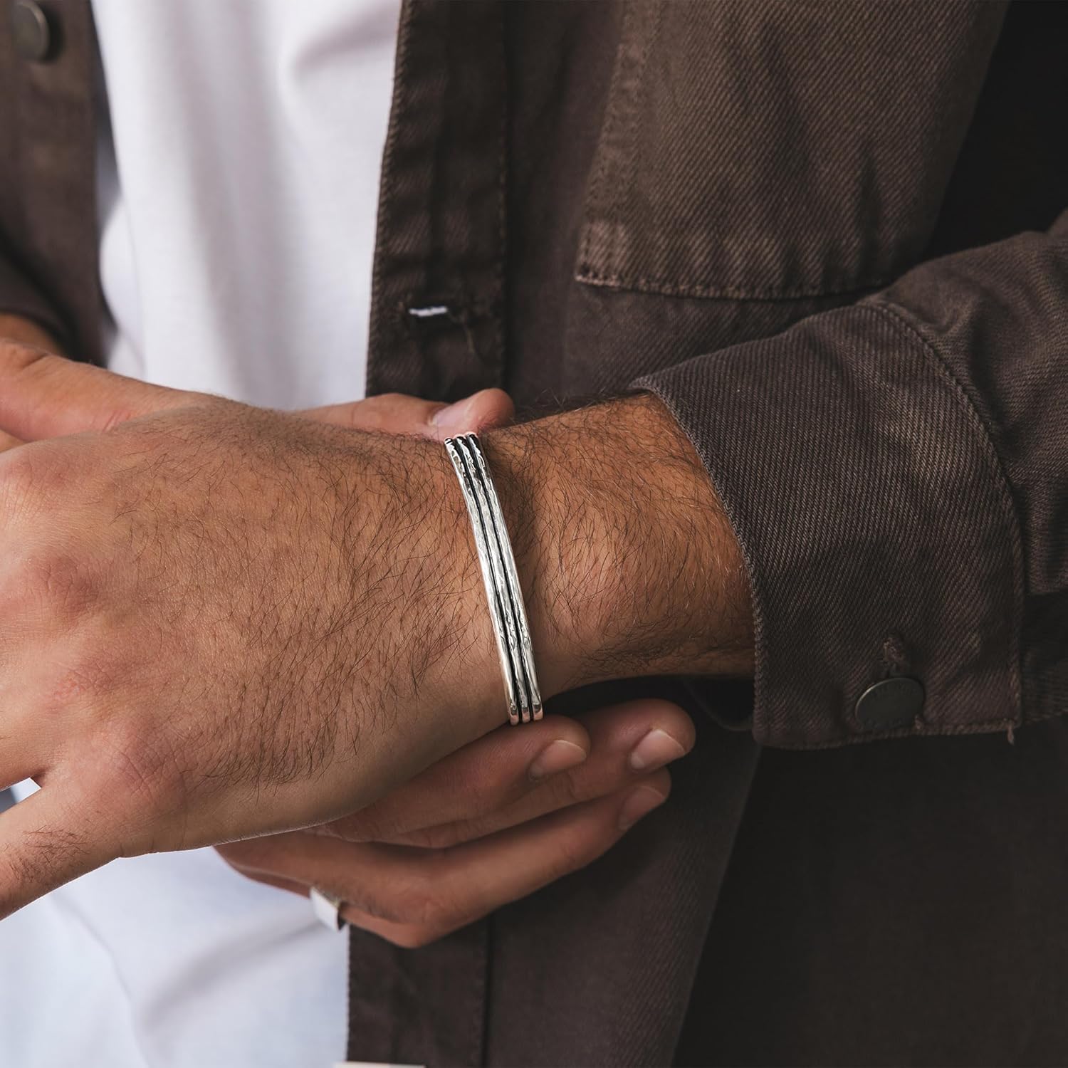 JEAN RACHEL JEWELRY Men’s Solid 925 Sterling Silver Ribbed Cuff Bracelet - Rustic Textured Bangle - Edgy Oxidized Finish (Size 7)