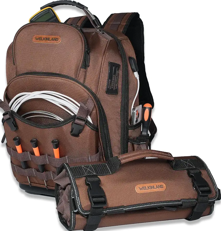 WELKINLAND Mochila de ferramentas HVAC de 70 bolsos com rolo de ferramentas, mochila elétrica de 4 peças com sacos de rolo, mochila traseira de eletricista de fundo rígido, mochila de ferramentas para