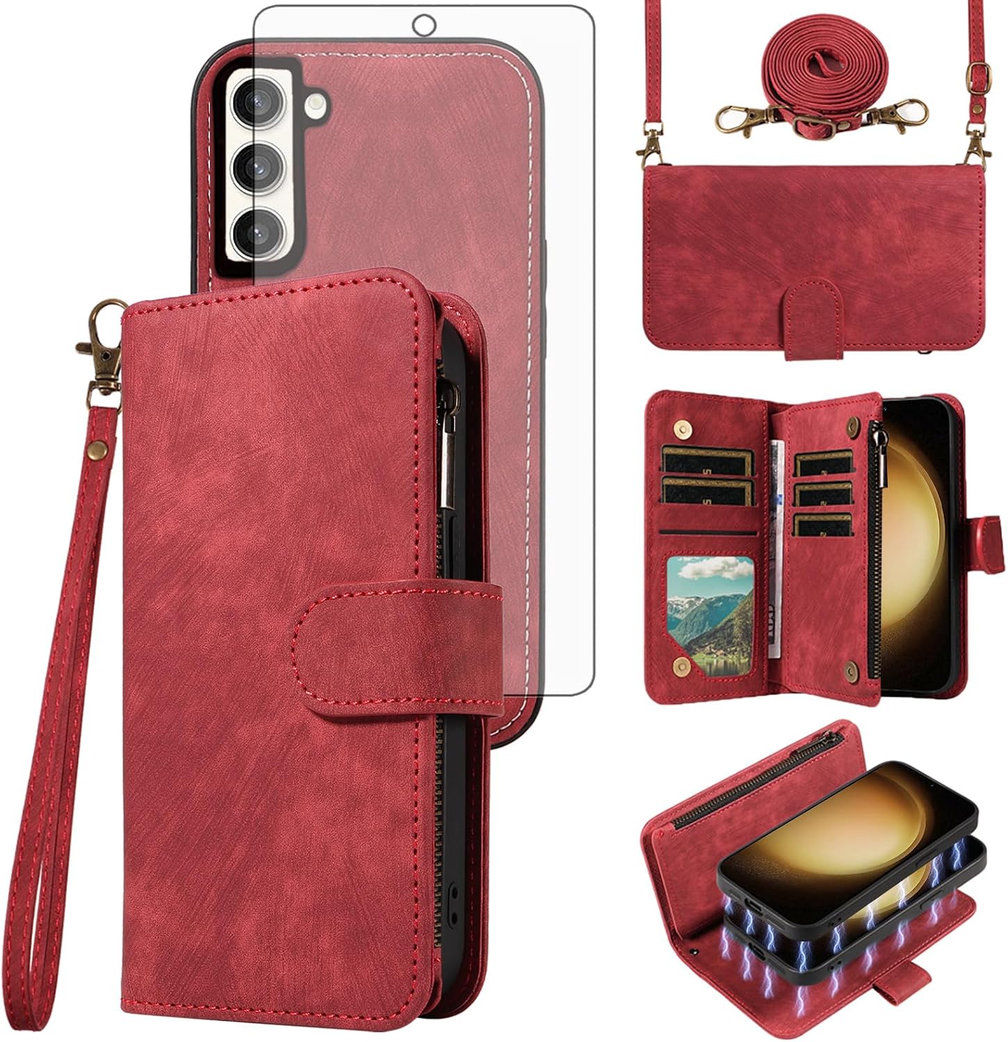 Phone Case for Samsung Galaxy S23 Plus S23+ 5G Zipper Wallet Detachable Magnetic Cover with Tempered Glass Screen Protector Crossbody Lanyard Card Holder S23plus 23S + S 23 23+ SM-S916U 6.6 inch Red