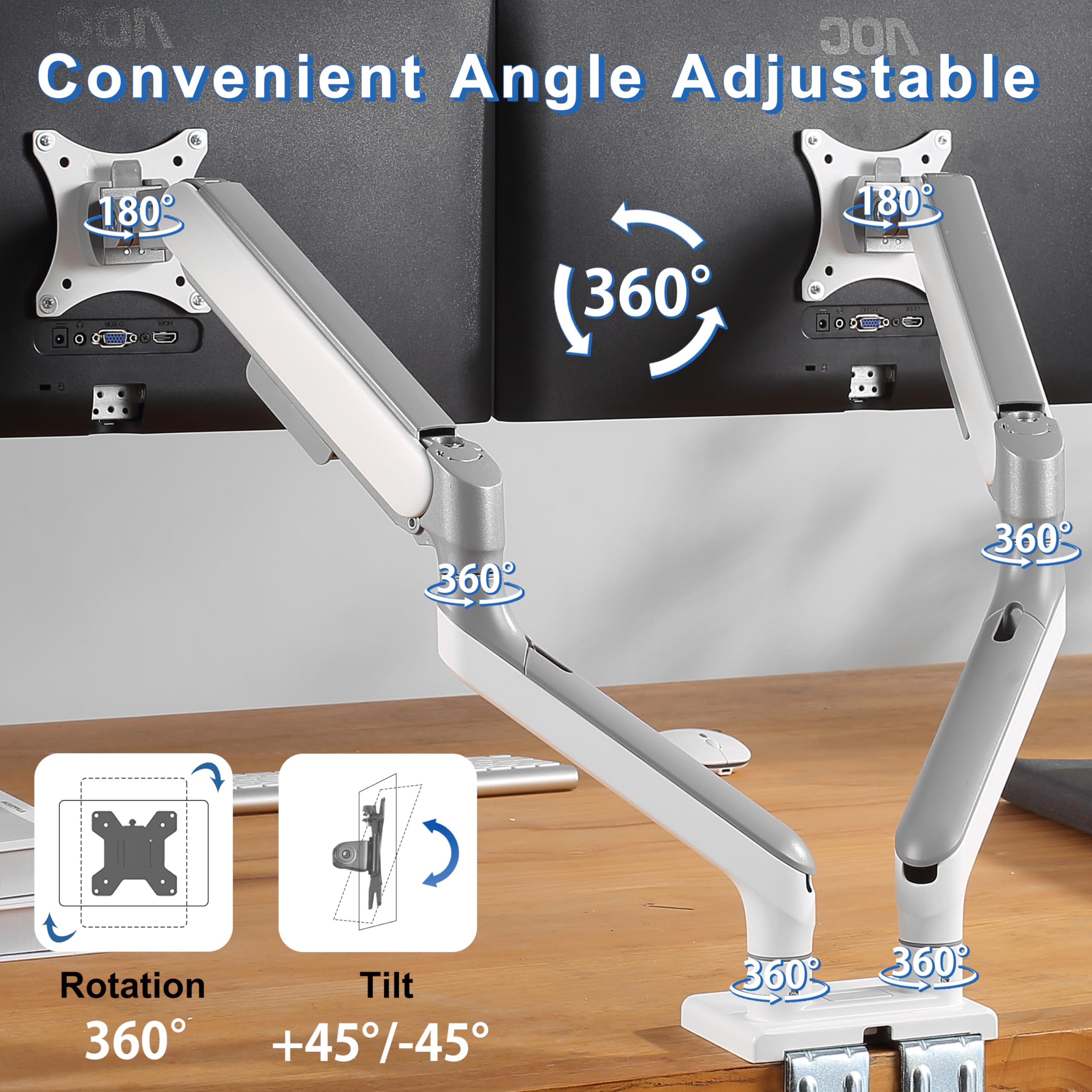 ETHU Heavy-Duty Dual Monitorarm, 2-Fach bis 17kg/17-45 Zoll, Gasfeder-Arme mit Neigung & Höhenverstellung, VESA 75/100, für Flachbildschirm und Curved (Weiß)