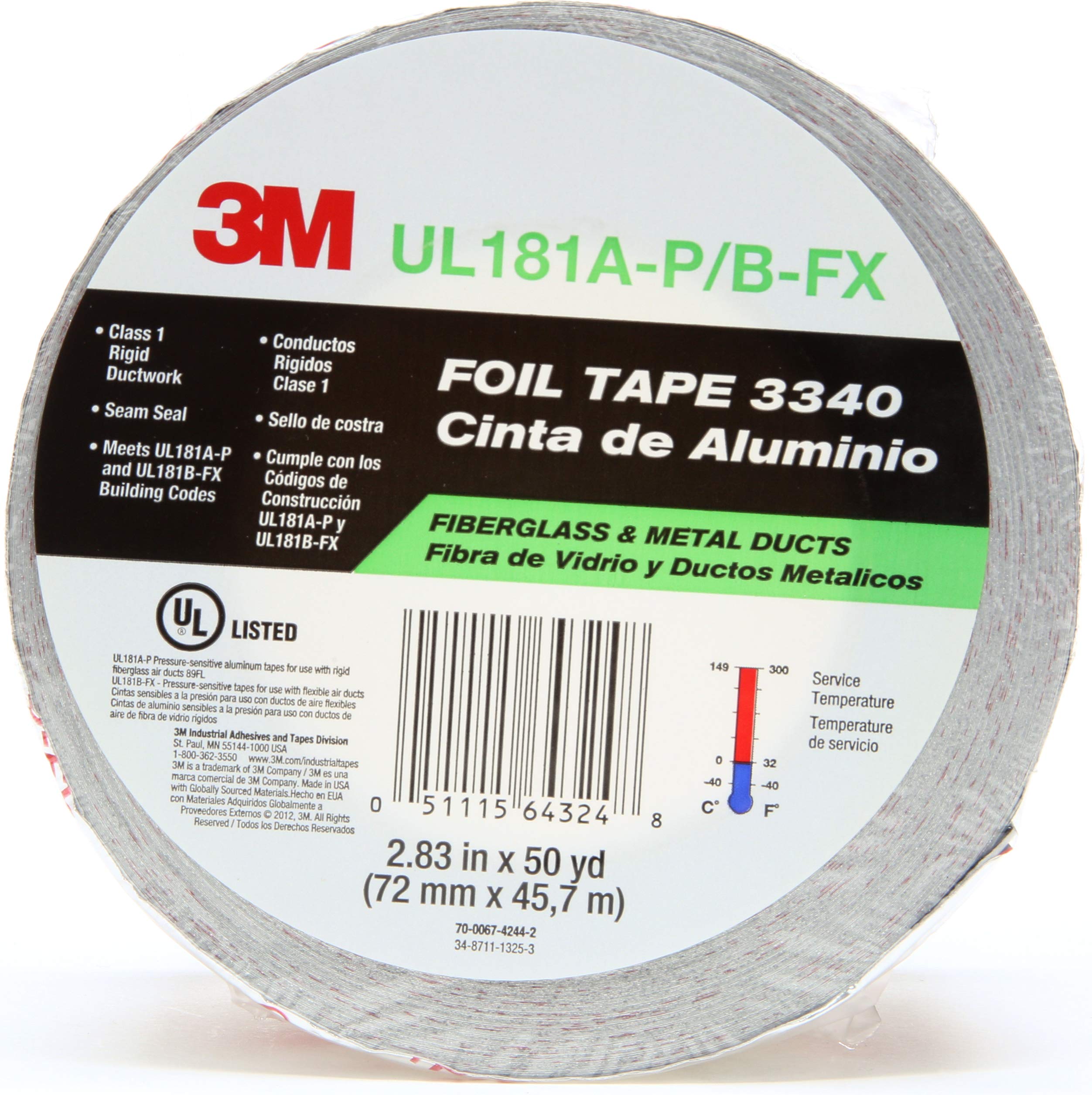 3M Aluminum Foil Tape 3340, 2.5" x 50 yd, 4.0 mil, Silver, HVAC