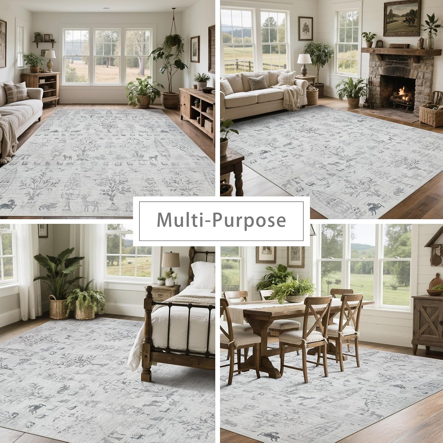 Srugn Washable Rugs 8x10 Area Rugs for Living Room,Bedroom,Dining Room- Large Ultra Soft Faux Wool Retro Carpet,Non Slip&Non-Shedding Low Pile Vintage Rug for Home Office Dorm Playroom-Tree Gray thumbnail