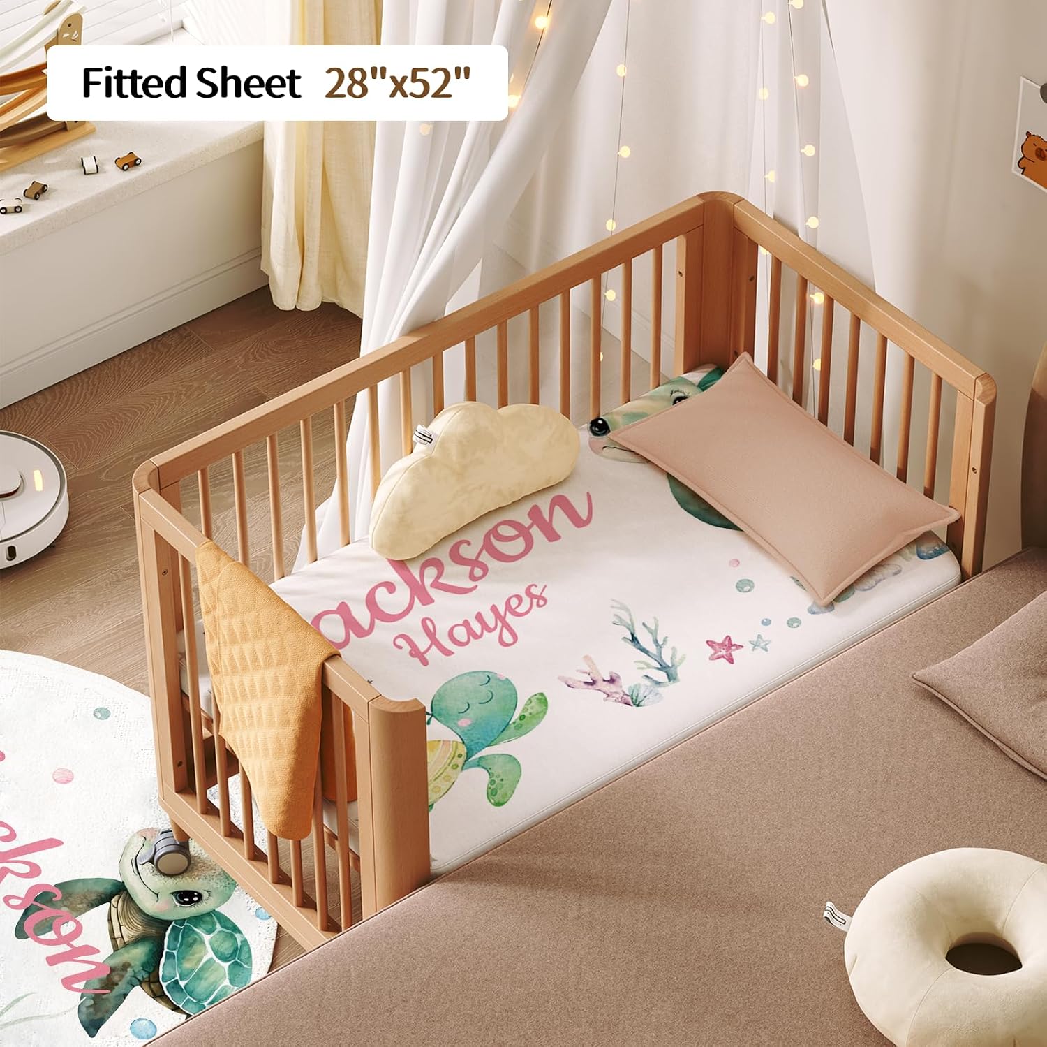 Personalized Baby Crib Bedding Set, Custom Name Nursery Bedding, Sea Turtle Dreams 5 Pcs Baby Bedding Set for Girl Boy, Double Layer Crib Set, Custom Gifts