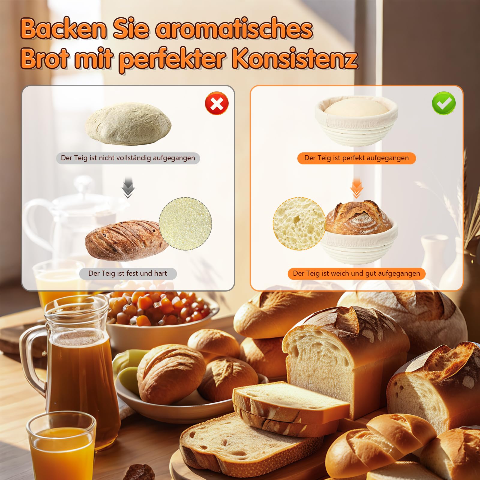 Zestaw koszyków do garowania z 2 naturalnymi rattanowymi koszami do fermentacji (23 cm okrągły i owalny 25 cm), zestaw startowy do pieczenia chleba, kompletny zestaw do pieczenia chleba dla