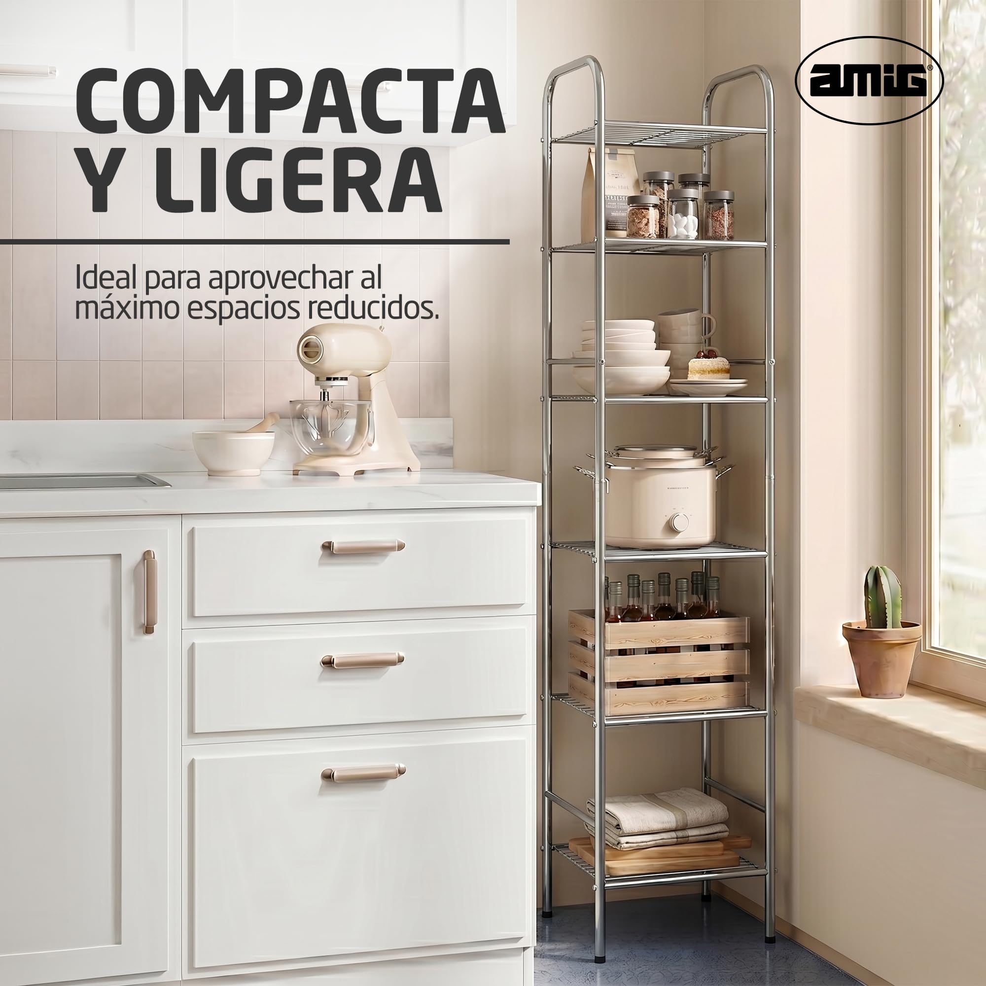 Amig - Estantería de baño Mod. Brisa - 6 Alturas - Fabricado en Acero - Color Plateado - con Patas Ajustables - para Espacios pequeños - 32 x 28 x 168 cm