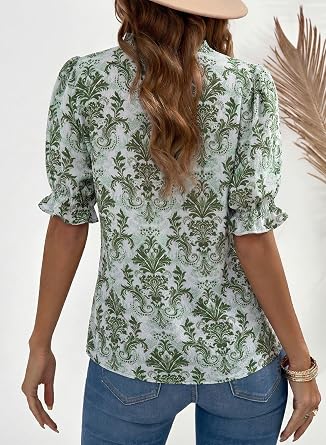 Dokotoo Women's Summer Boho Floral Ruffle Shirt Puff Short Sleeve V Neck Casual Trendy Cute Blouse Tops