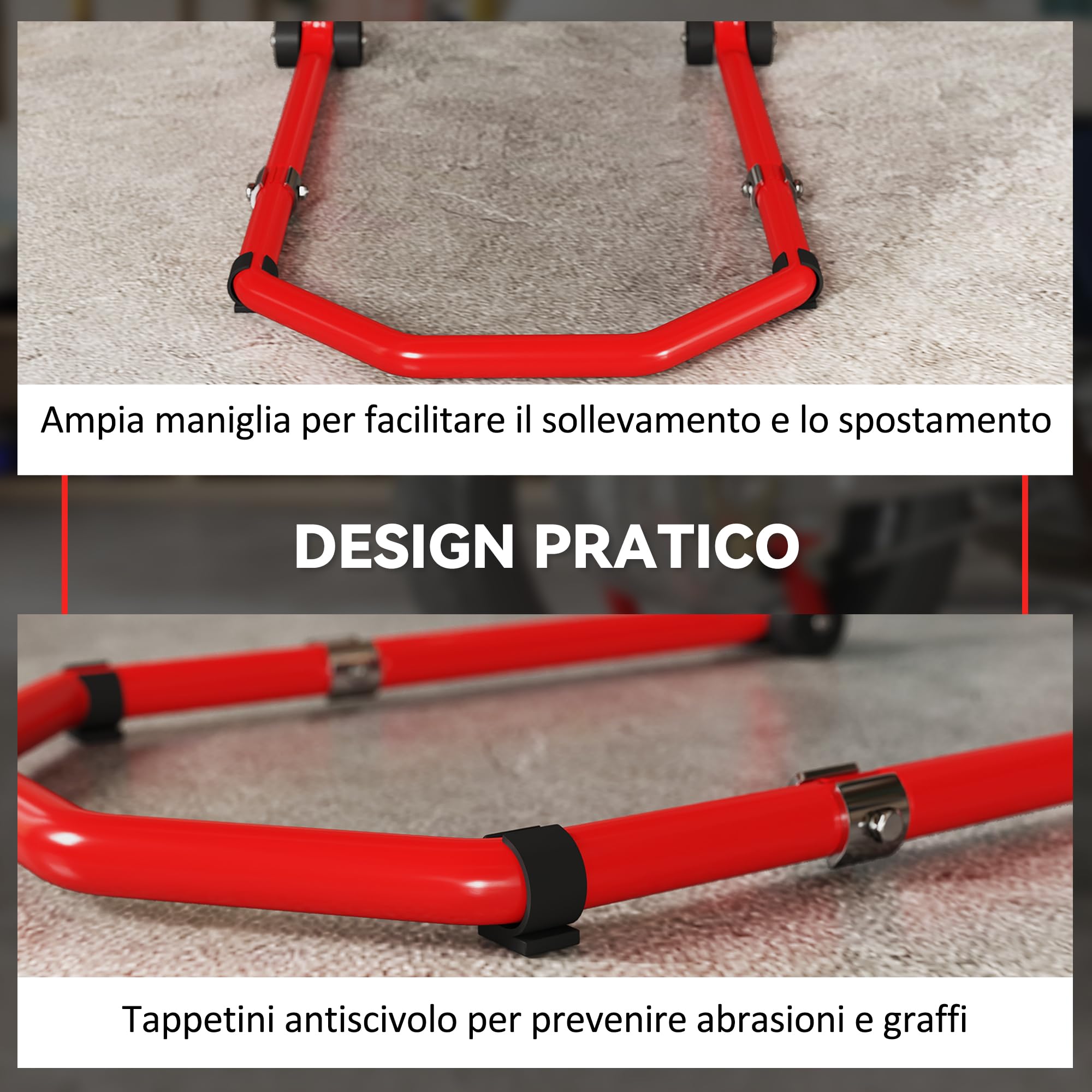 HOMCOM Cavalletto Moto Convertibile Anteriore Posteriore con Forcelle a U e L Supporto per Moto Regolabile Portata 390 kg dotato di Rotelle e Cuscinetti Antiscivolo per Officina e Garage Rosso
