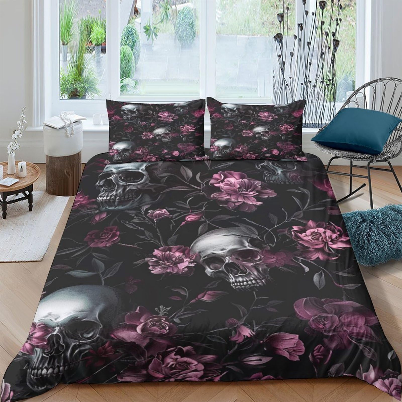 XFKLYNVCJ 3D Printed Gothic skulls Bed Cover Brushed Microfiber Dark floral gothic style Duvet Cover No Iron Machine Washable for College Dorm Student Dormitory Daily Use King（220x240cm）