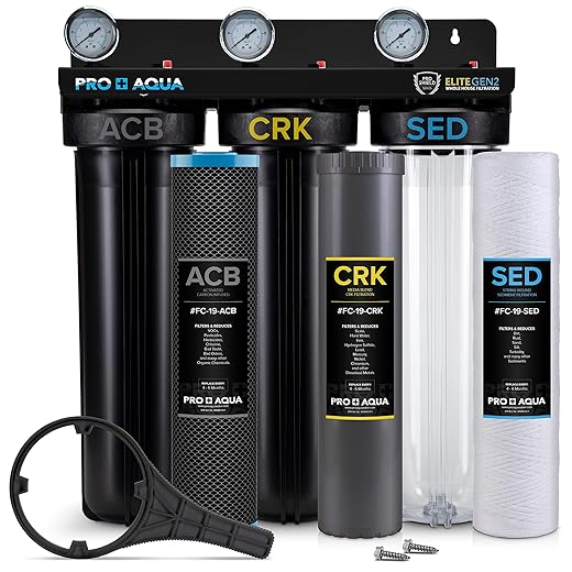 PRO+AQUA ELITE Whole House Water Filter 3 Stage Well Water Filtration System w/Gauges, PR Button, 1” Ports, Filter Set