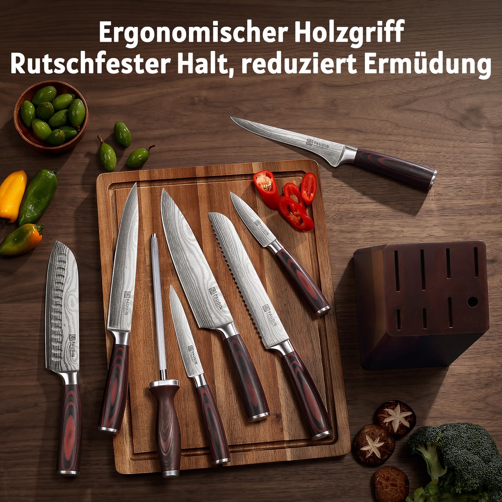 Paudin Messerblock Set mit 9-TLG, Scharfes Hochwertiges Küchenmesser Set aus Edelstahl, Messerblock mit Messer & Ergonomischem Holzgriff, Messerset mit Block für Koch/Haushalt, FDA