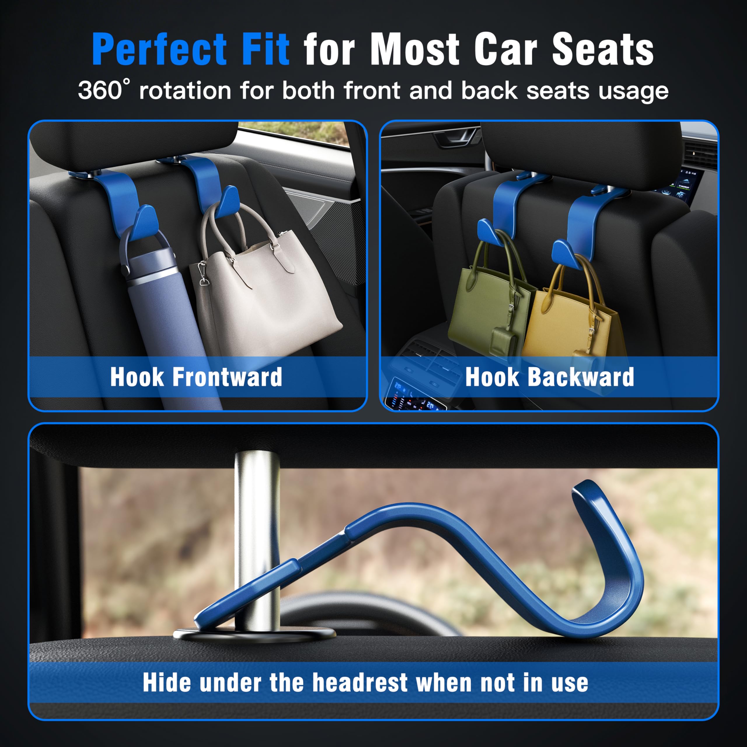 4-Pack Car Headrest Hooks Holds 55lbs Seat Storage Organizer for Bags view 4