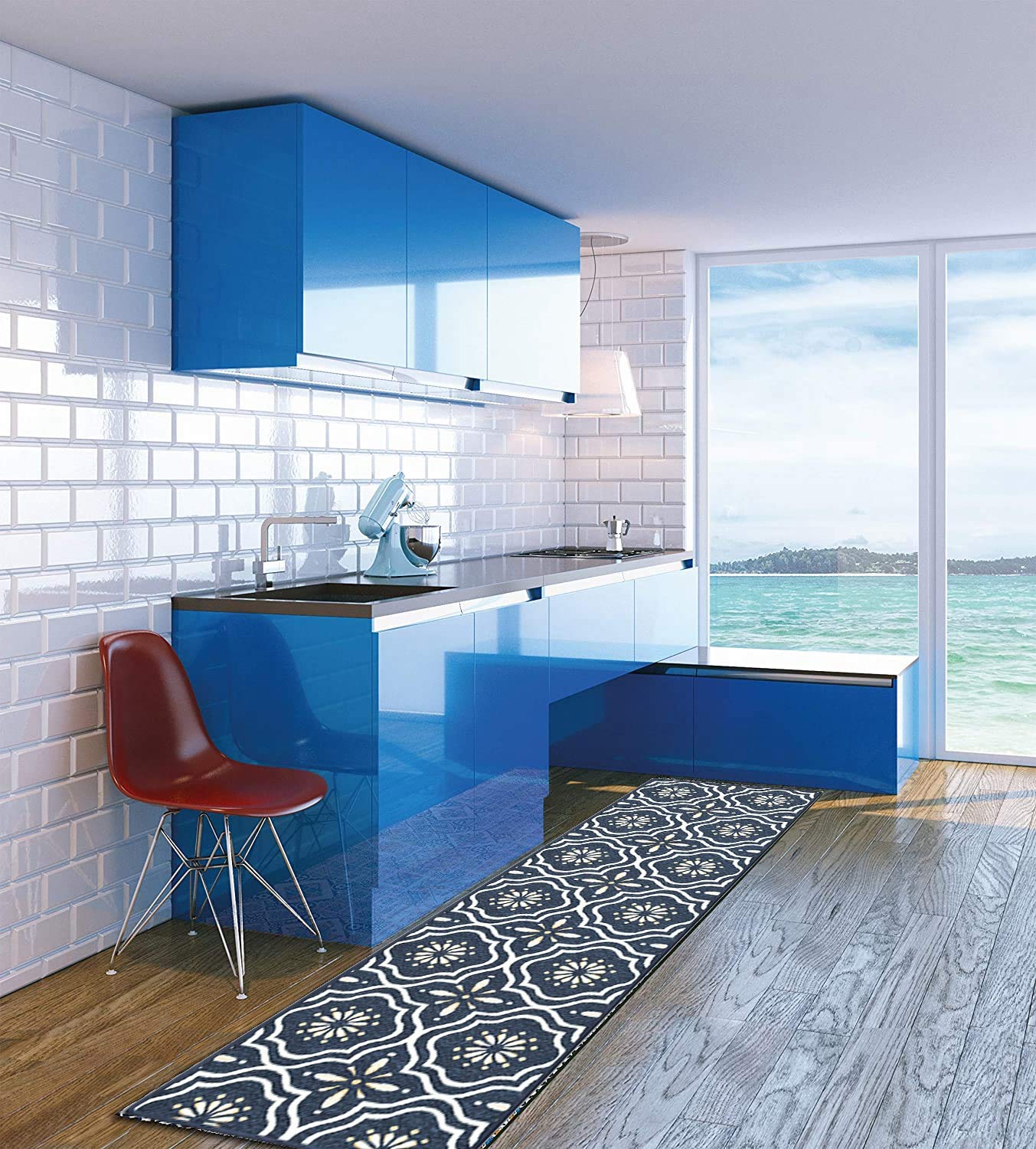 Ensemble de tapis antidérapants bleu marine avec tapis de couloir assorti 80 x 600 cm