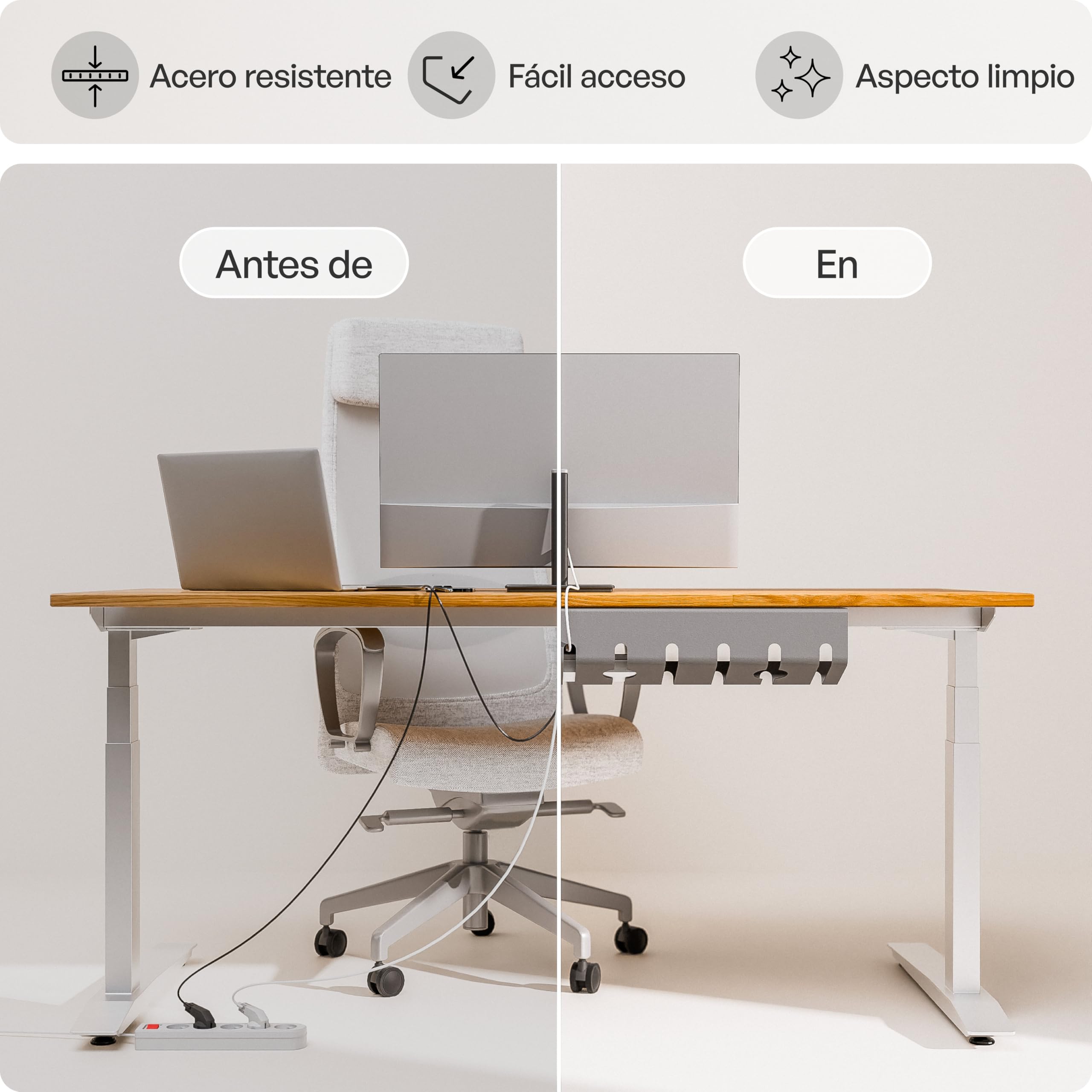 PAMO Organizador Cables Escritorio Gris y Plateado 3 un. – 10 Bridas Adhesivas y Clips para Cables – fácil instalación Incl. Tornillos – Organizador Escritorio Oficina/casa