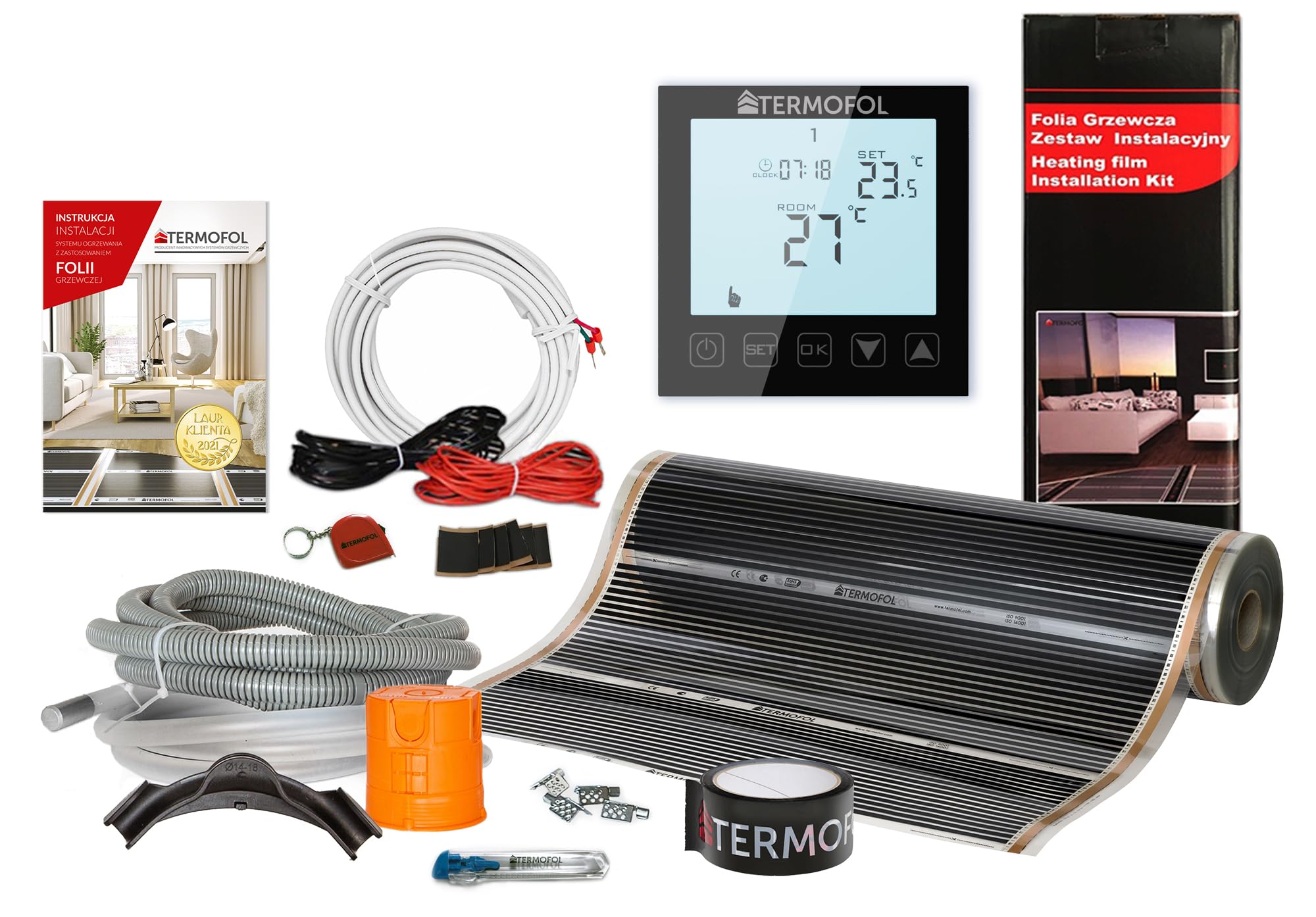Termofol Elektryczne ogrzewanie podłogowe folia grzewcza 230 V z termostatem H1 czarna – moc 140 W/m2 – powierzchnia 1 m² – ogrzewanie podłogowe, kompletny zestaw do ogrzewania podłogowego, ściennego