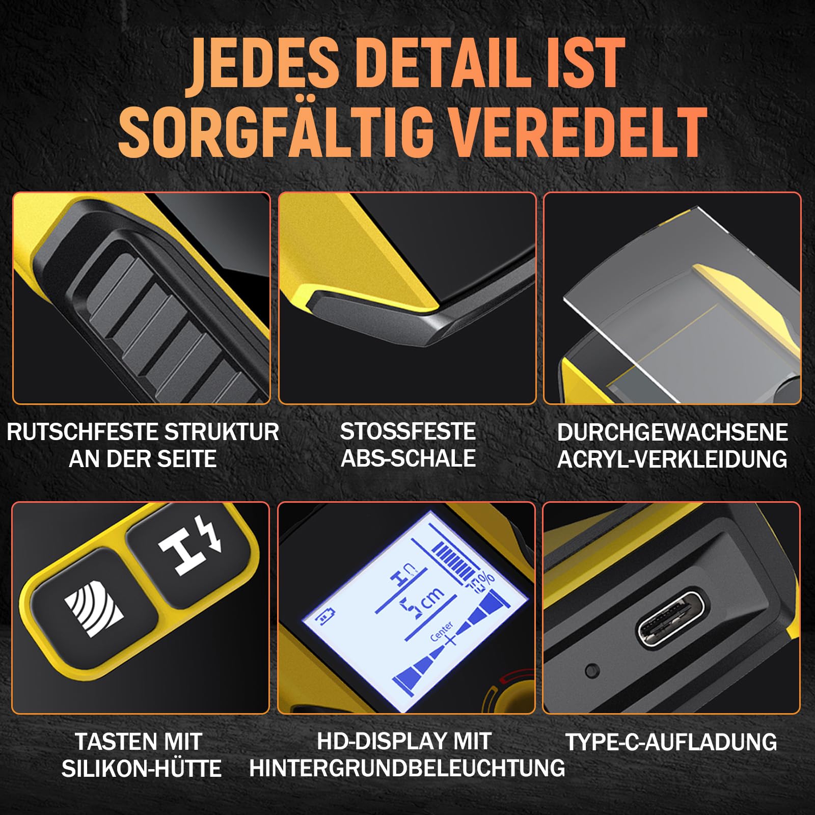WD-01 6-in-1 Wandscanner Ortungsgerät, Leitungssuchgerät mit Positionierungsloch, Wandmetalldetektor für Mitte und Kante von Holzständern, Metallteilen, Kabeln, Rohren und Balken, Elektriker-Werkzeug