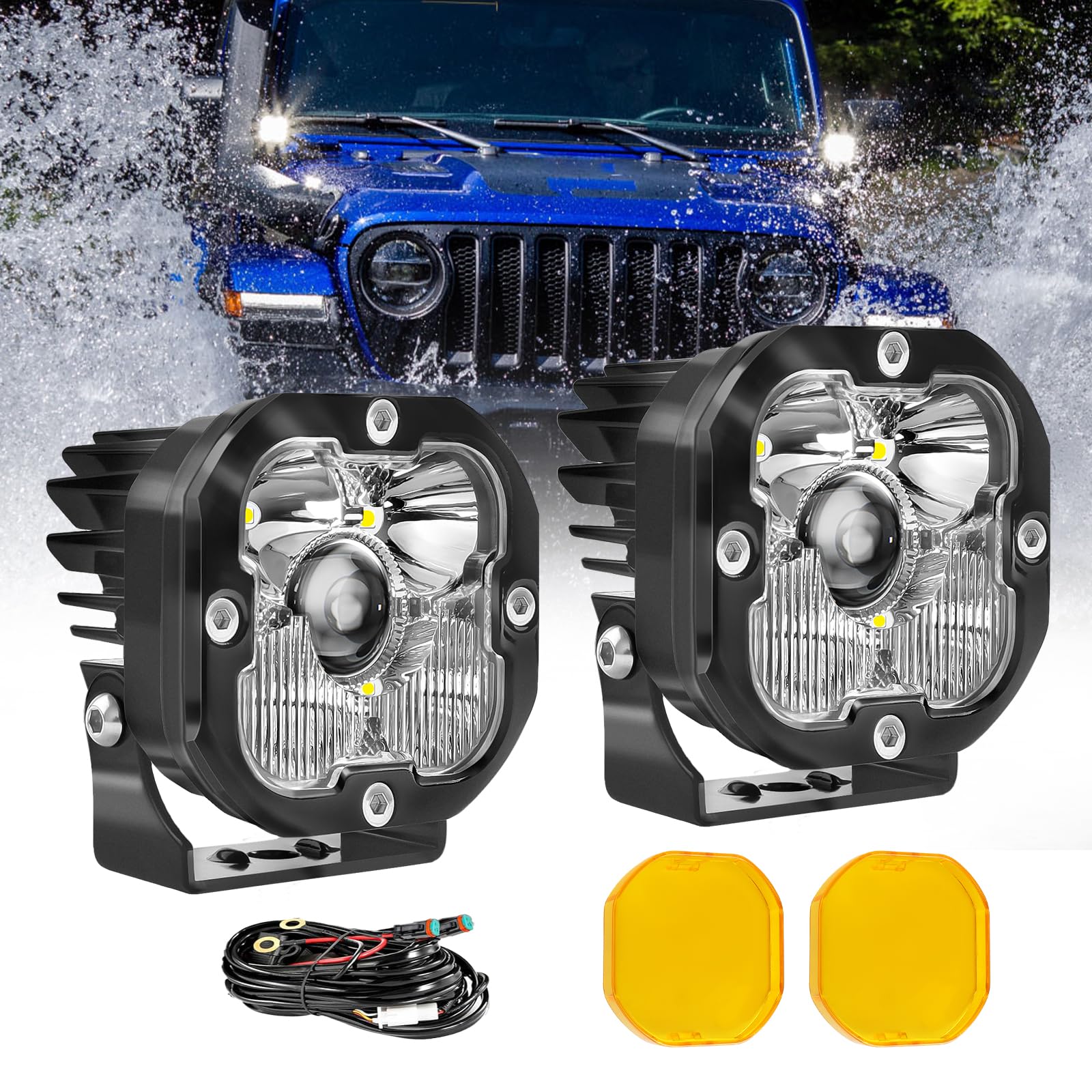 3 inch LED Light Pods for Offroad/Truck/Pickup/Motorcycle/UTV Super Bright Driving Lights 6000K White 2PCS(+DT Wiring Harness)