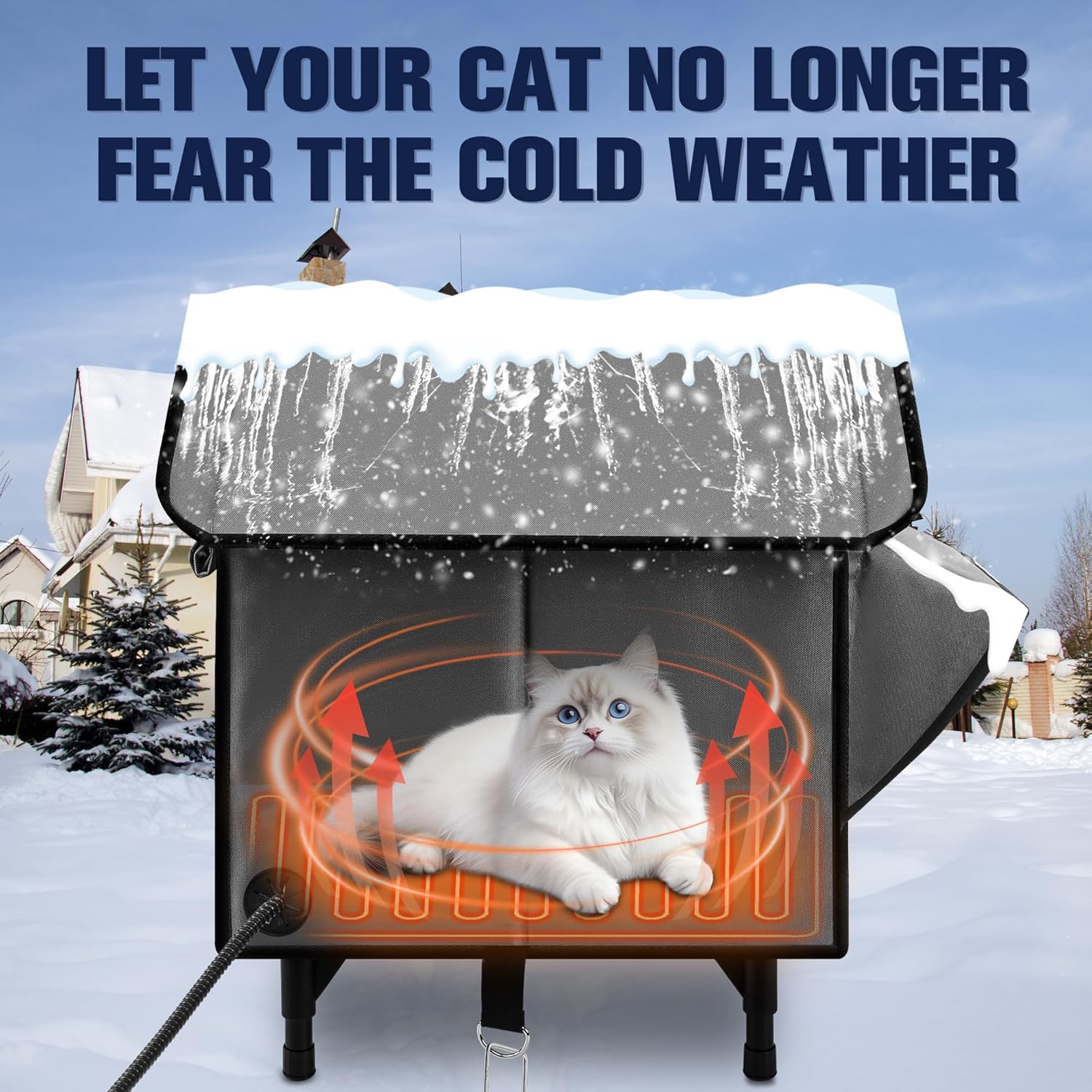 Newget Heated Cat House for Outside, Winter Insulated Cats House with Heated Pad, Waterproof Weatherproof Cat Shelter for Outdoor Indoor Cats, Cozy Elevated Feral Cat House Bed Gray 24.4x23.2x19.8 in