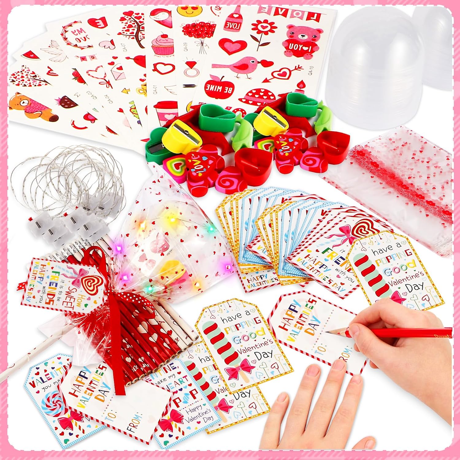 Valentines Day Gifts for Kids - 24 Pack Flashing Giant Lollipop-Shaped Stationery Set with Valentine's Cards Pencils Erasers Stickers Sharpener LED Lights for Classroom Valentines Gift Exchange