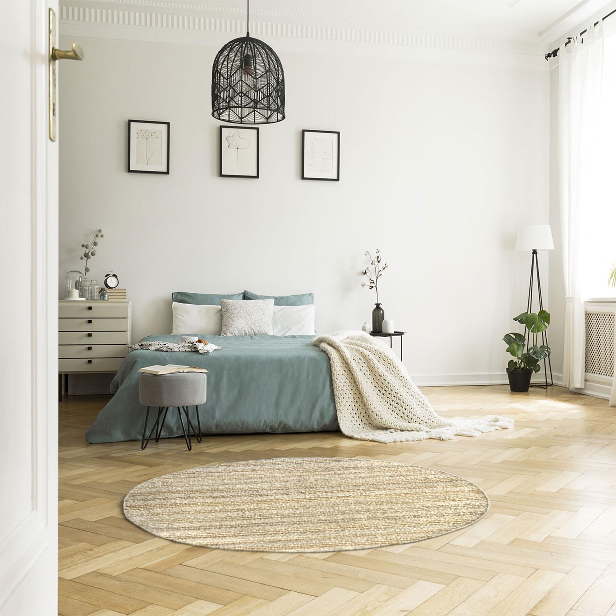 HAMID - Tapis en Jute Ronde de Laine Olivia, Tapis en Laine et Jute Ronde, Tissé à la Main pour Salon, Chambre, Salon, Couleur Blanc Naturel, (150x150cm)