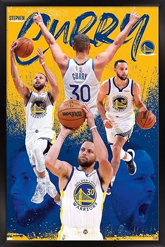 Trends International NBA Golden State Warriors - Póster de pared de Stephen Curry 22, 22.375 x 34 pulgadas, versión enmarcada en negro